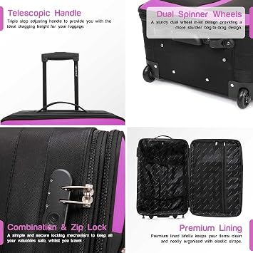Aerostar Medium 26” Lightweight Softshell Expandable Suitcase, Check in Luggage 2 Corner Wheels with Integrated Combination Lock (Black/Pink, 70 litres)