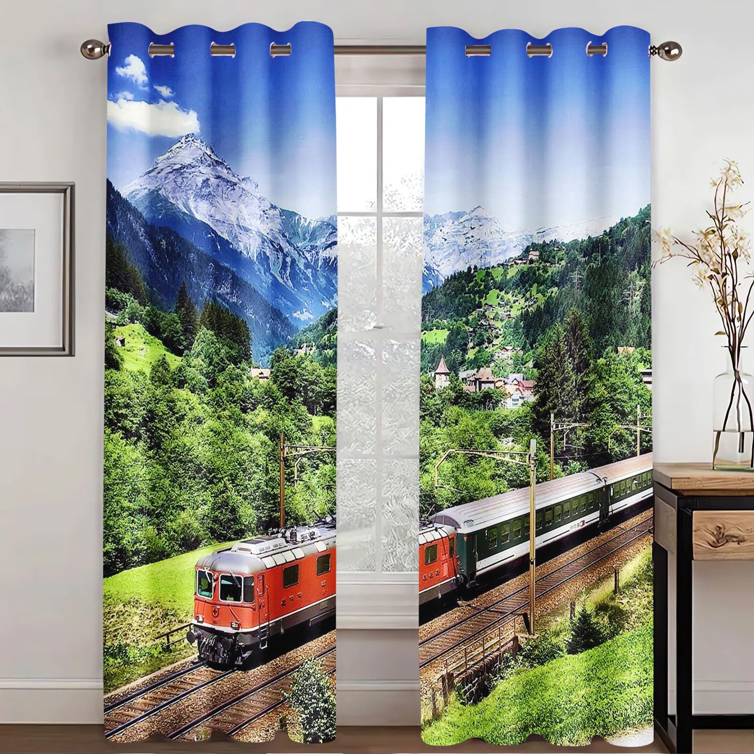 Vorhänge mit Ösen Blickdichte Vorhänge Zug Lokomotive Vorhang Polyester Zug Fenstervorhang 3D Home Dekoration Gardinen Für Kinderzimmer (1,220x215cm(2x110x215cm))