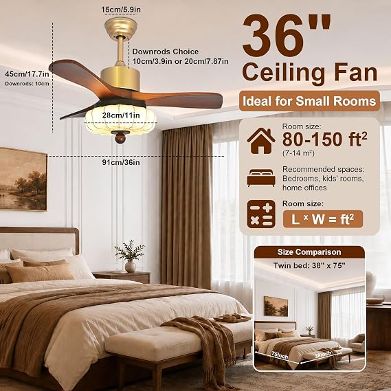 36 Inch Smart Farmhouse Ceiling Fan with Lights, Remote App Voice | Matte gold metal body, walnut wood blades, fabric shade, 3000K-6000K dimmable LED, quiet 6-speed reversible DC motor.