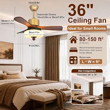 36 Inch Smart Farmhouse Ceiling Fan with Lights, Remote App Voice | Matte gold metal body, walnut wood blades, fabric shade, 3000K-6000K dimmable LED, quiet 6-speed reversible DC motor.