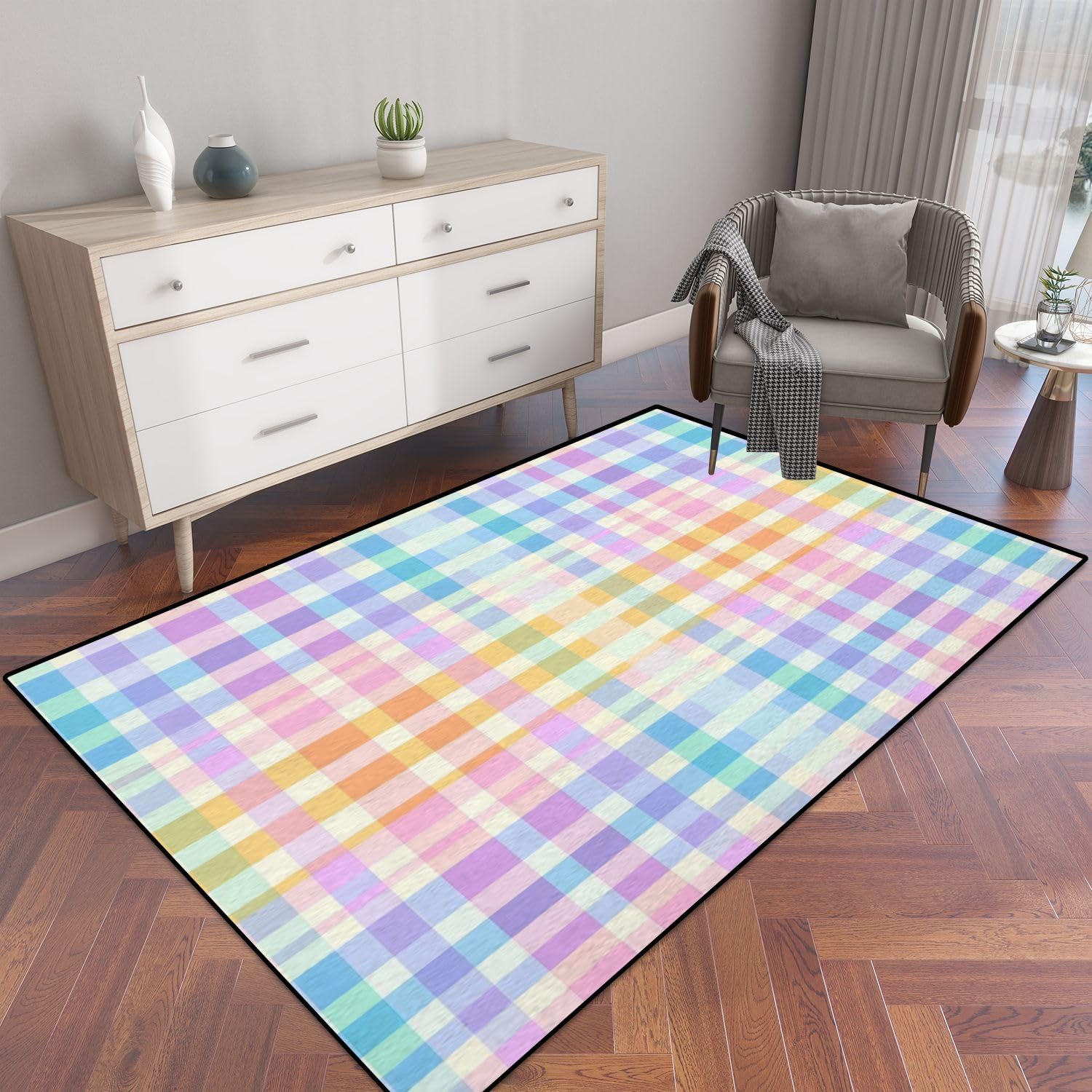Gingham Check Plaid Pattern for Spring Summer Colorful Pastel Rainbow Area Rug Outdoor Patio Rug Play Mat Modern Floor Carpet Non-Slip Home Decor Living Room Kids Bedroom Nursery, 3x5 ft