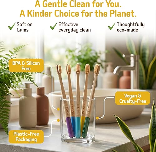 Miniatura 2 de SuperBee Dentos - Cepillos de dientes de bambú – Paquete de 5 cepillos de cerdas suaves para adultos y niños, asas de colores, juego de cepillos de