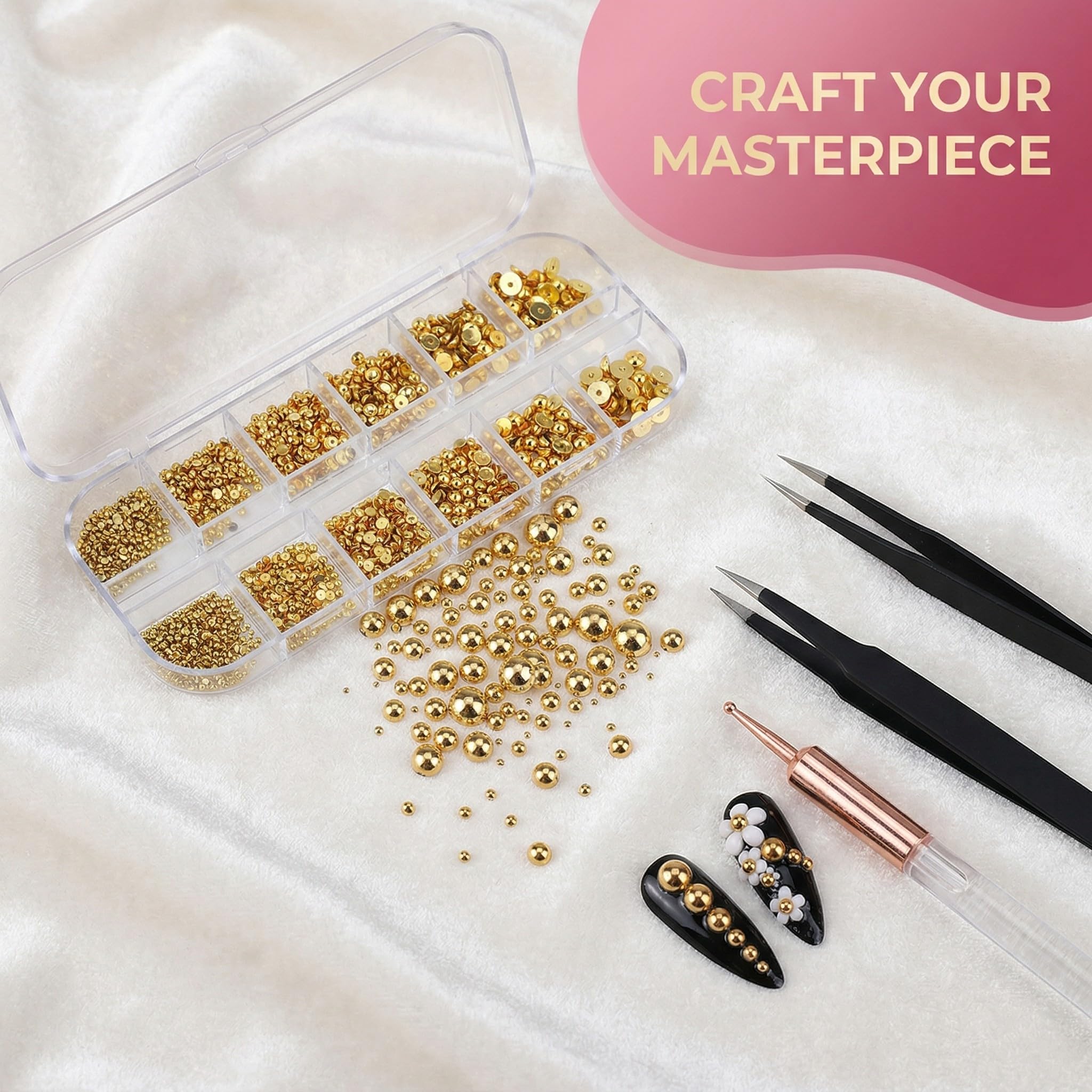 1 Boîte 3D Flatback Perle Ongle Or, Bijoux Ongles Nail Art, Strass Ongle Nail Art, Demi-Rondes Métal Perle Bijoux pour Decoration Ongle, Strass Ongles