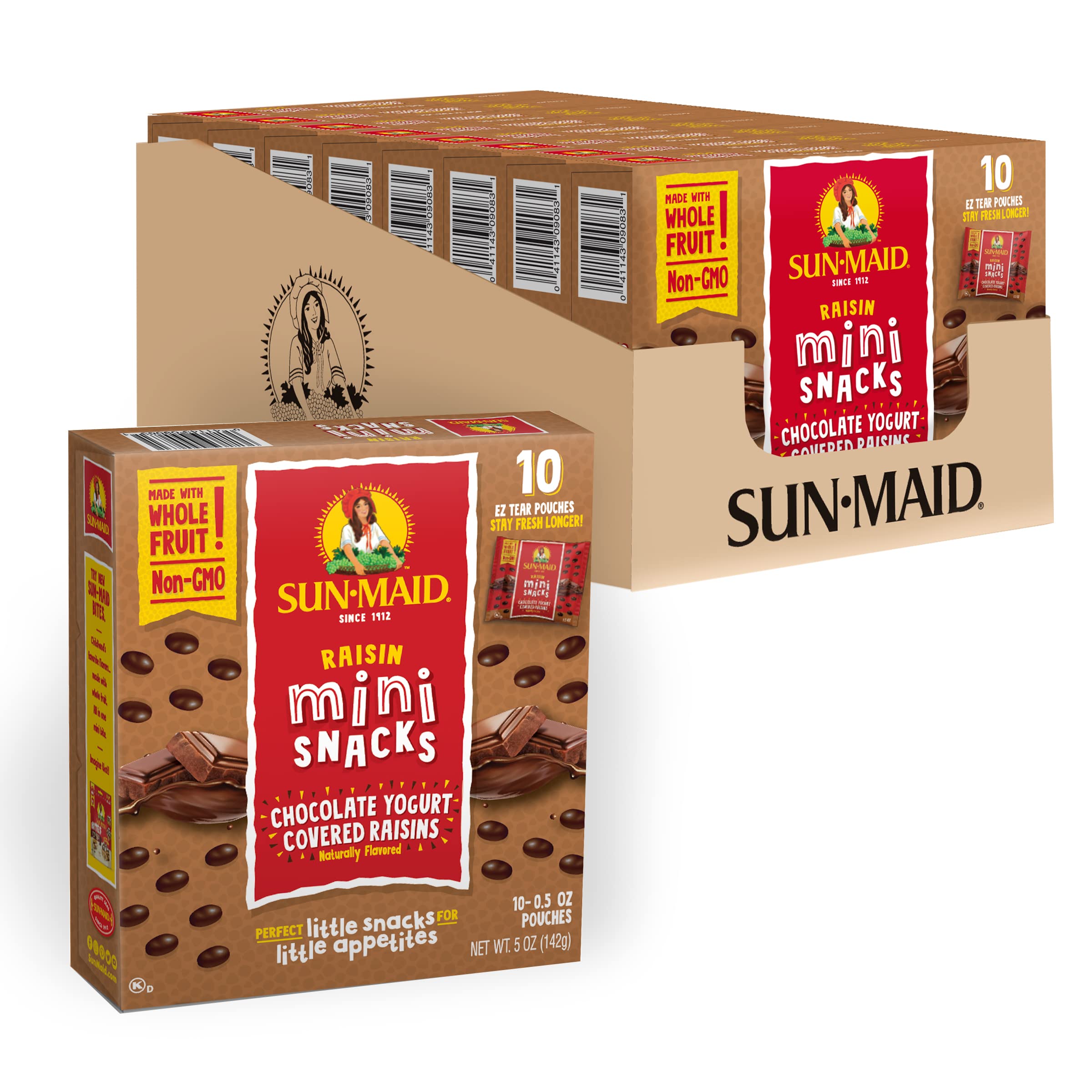 Sun-Maid Chocolate Yogurt Covered Raisins Snack | .5 Ounce Bags | Pack of 8 Boxes with 10 Bags Each | Whole Dried Fruit | No Artificial Flavors | Non-GMO | Grown & Sourced In California, USA - Chocolate Yogurt Raisins 0.5 Ounce (Pack Of 80)