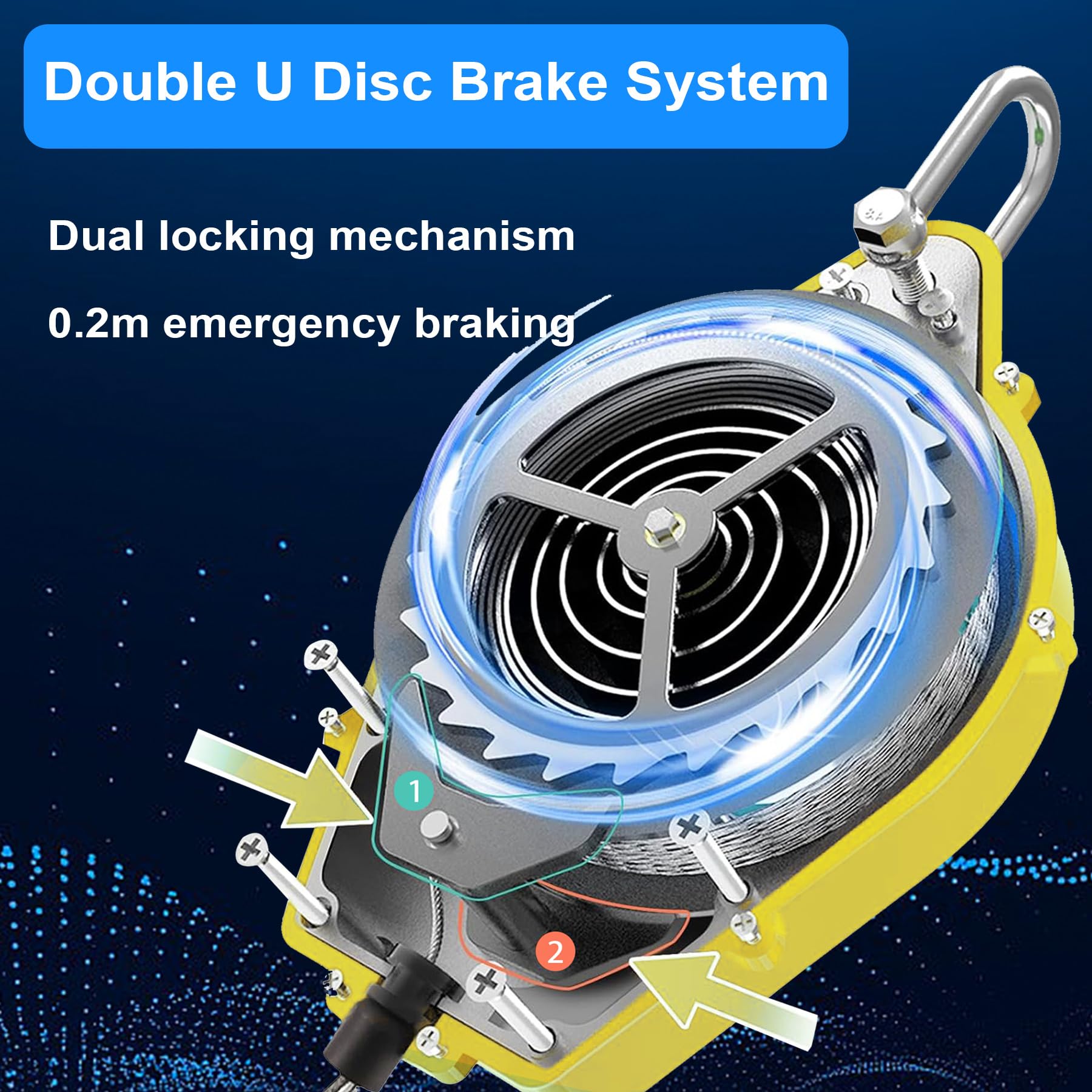 Dispositif Anti Chute a Rappel Automatique, Harnais de Securite Anti Chute Jaune 3-20m avec Crochet Autobloquant, 150KG Ligne de Vie Auto-Rétractable pour Travaux en Hauteur/Toiture (10m)