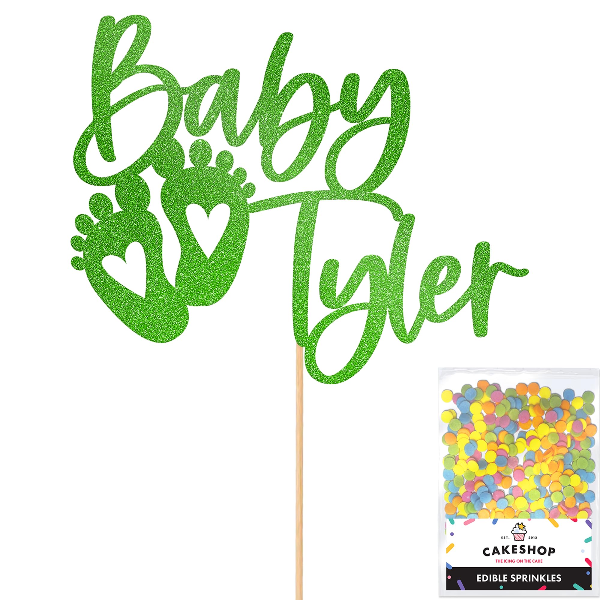 Cakeshop Personalised Baby Glitter Cake Topper With Sprinkles - Green Custom Colour - Any Name - Double-Sided Glitter Card Cake Decoration - Custom Toppers for Cakes