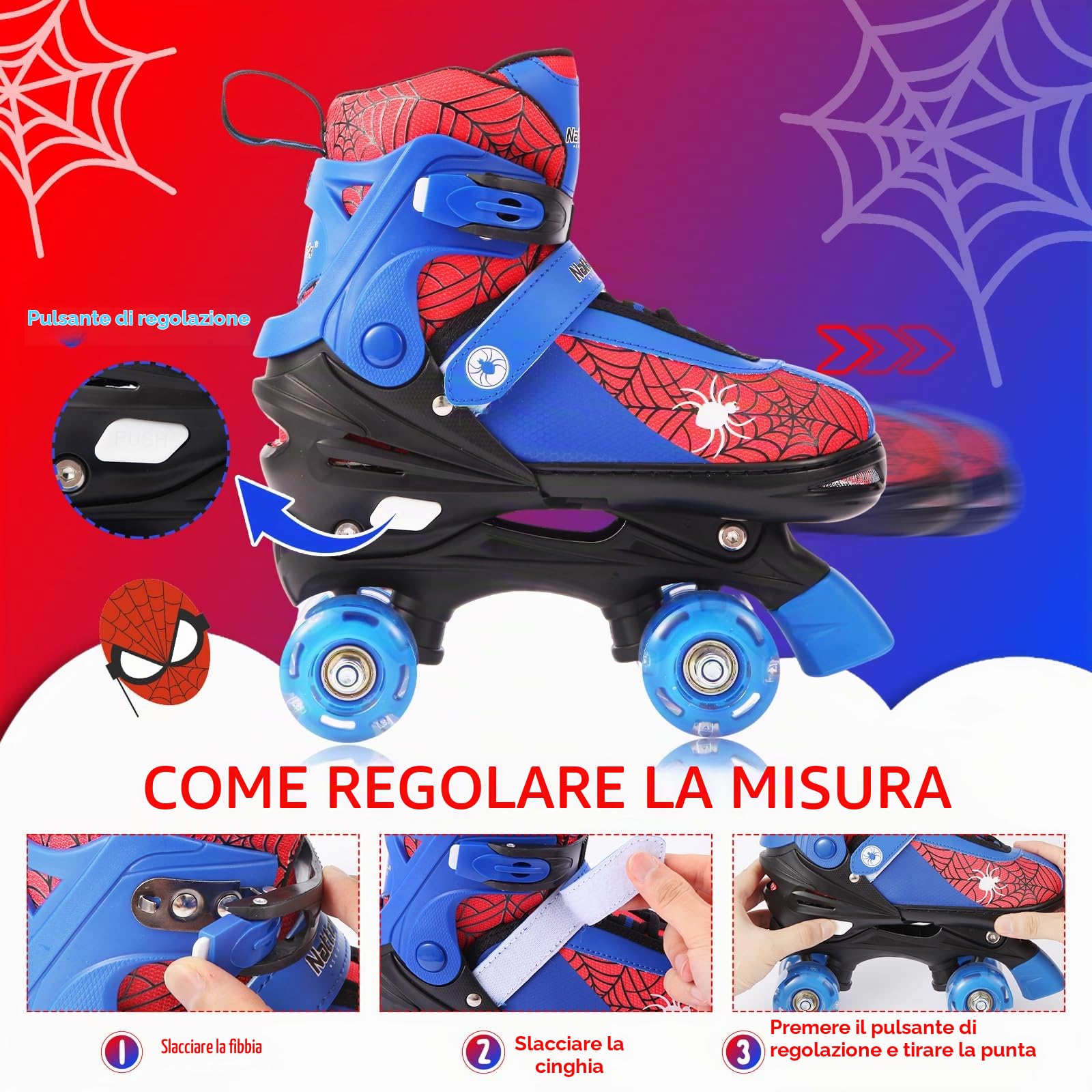 Nattork - Pattini a rotelle per bambini, 4 misure, regolabili, Quad Skates con ruote luminose, ottimo regalo di compleanno per bambini principianti, interni ed esterni