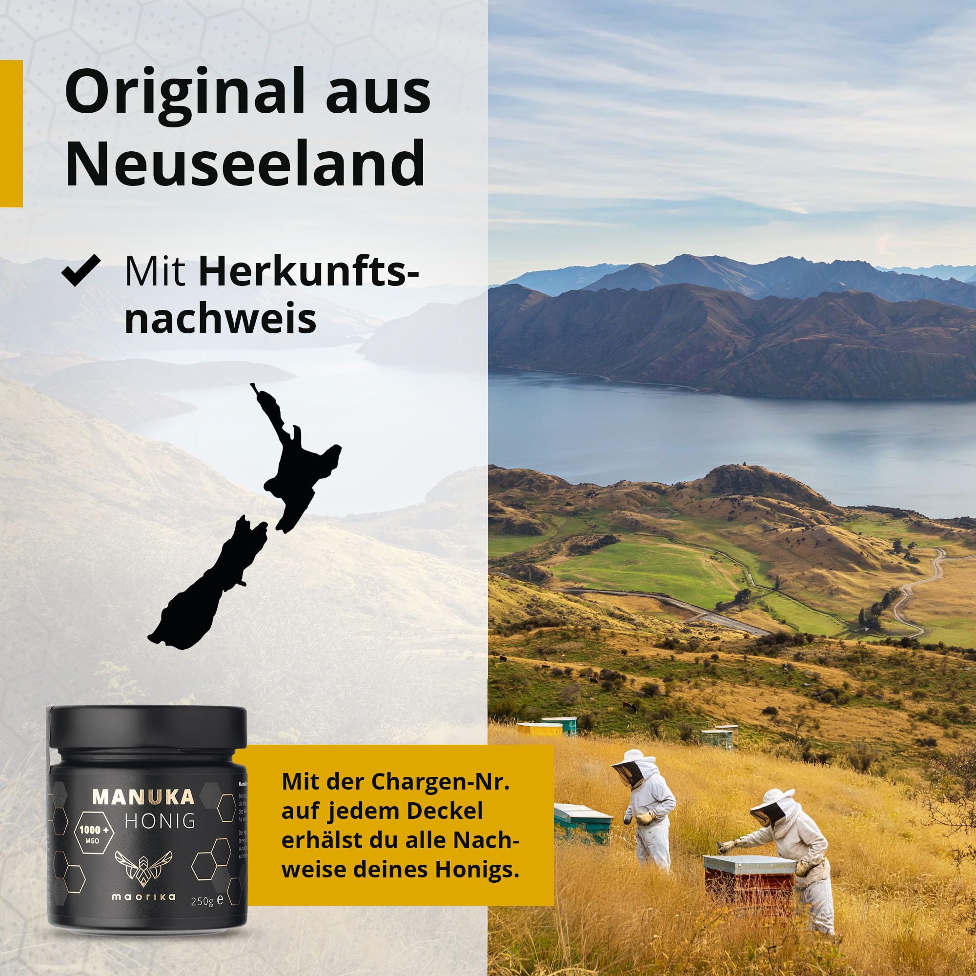 Manuka Honig 1000 MGO + 250g im Glas (lichtundurchlässig, kein Plastik) - laborgeprüft, zertifiziert aus Neuseeland - maorika