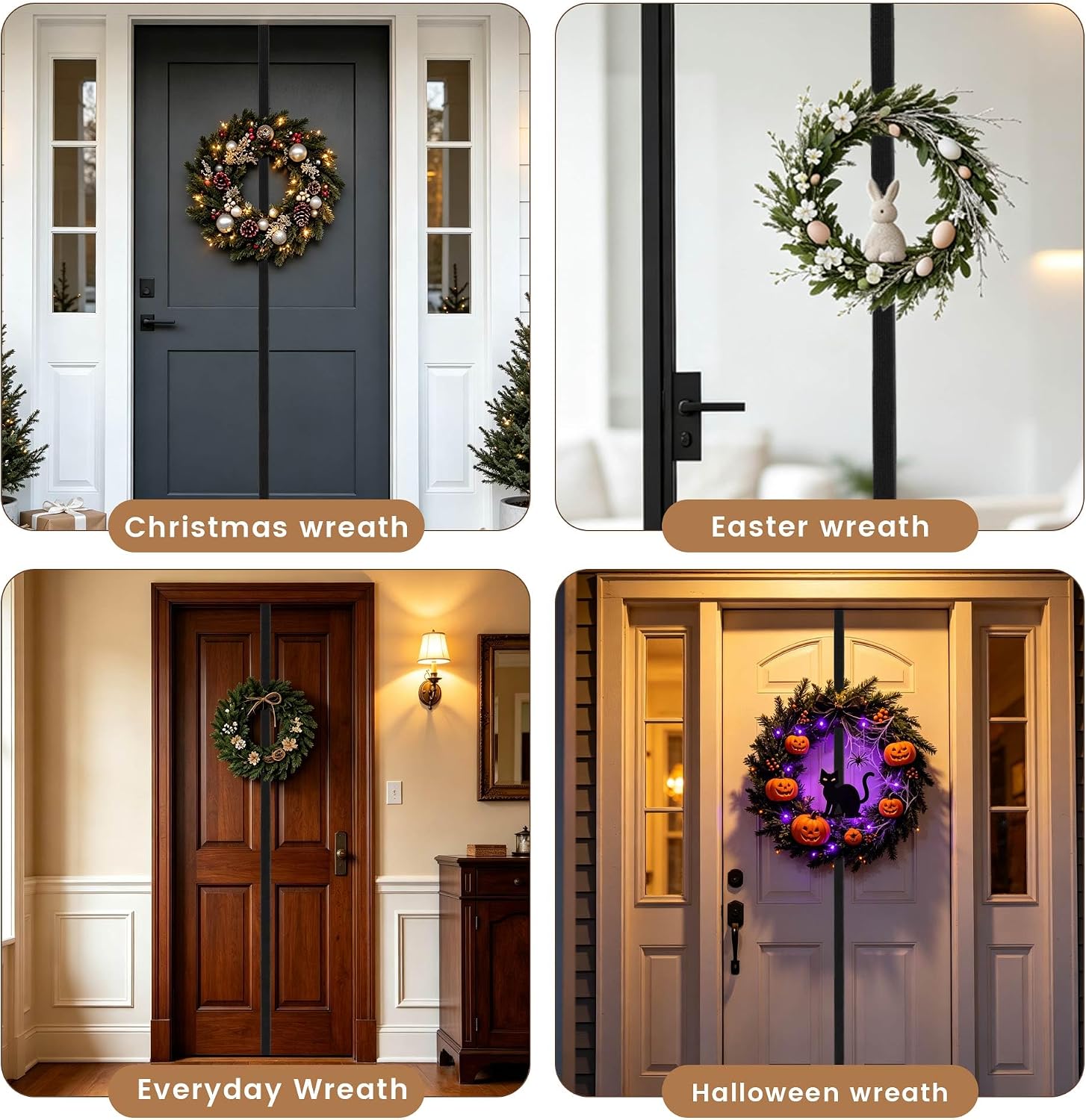 Adjustable Wrap-Around Wreath Hanger, No Damage Door Hook, Black