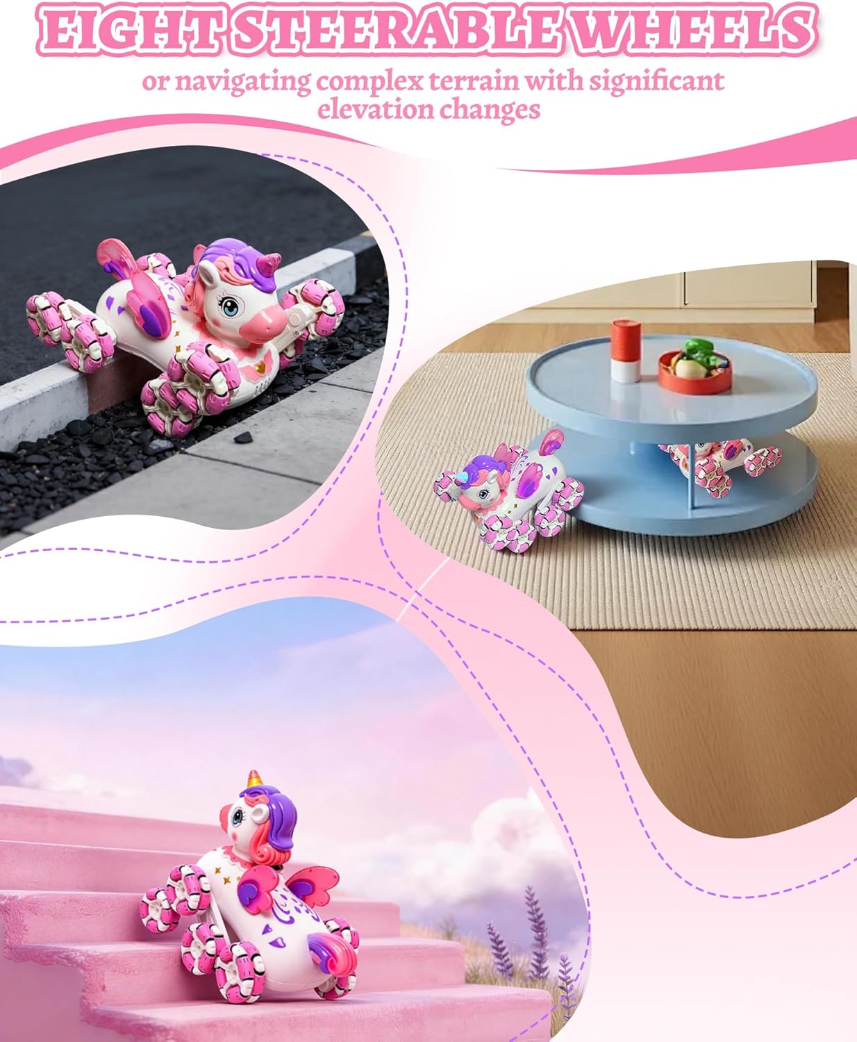Remote Control Pink Robot Unicornios Pet - 8 Wheels Drift Race Outdoor Off-Road Car with 2.4Ghz 360°Automatic Demonstration Wings&Eyes Lights&Music, Birthday Toy Gift for 3+ Years Old Girls