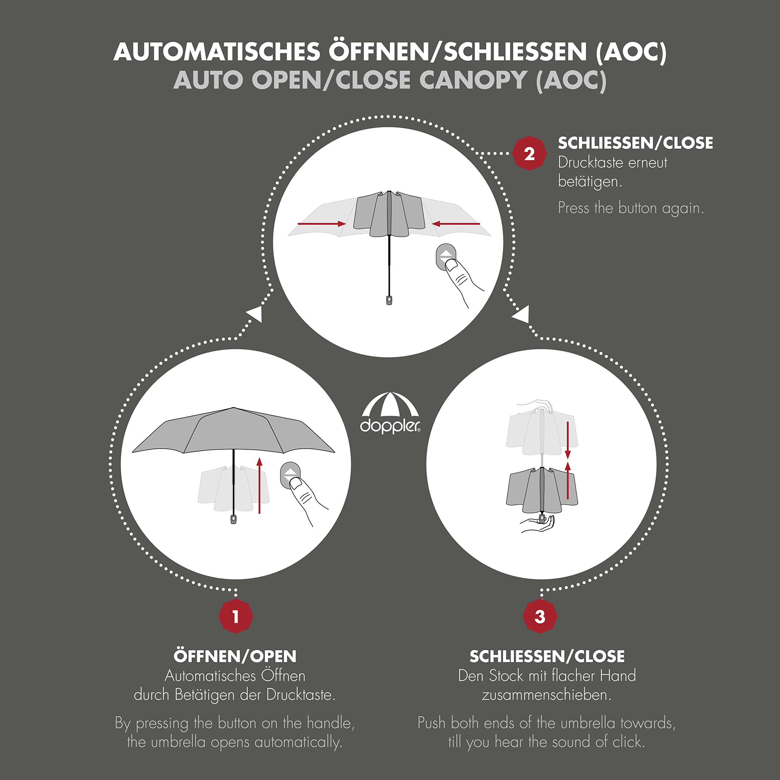 Doppler parapluie de poche Carbonsteel Magic Uni - Extrêmement stable - Ouverture et fermeture automatique - Rouge