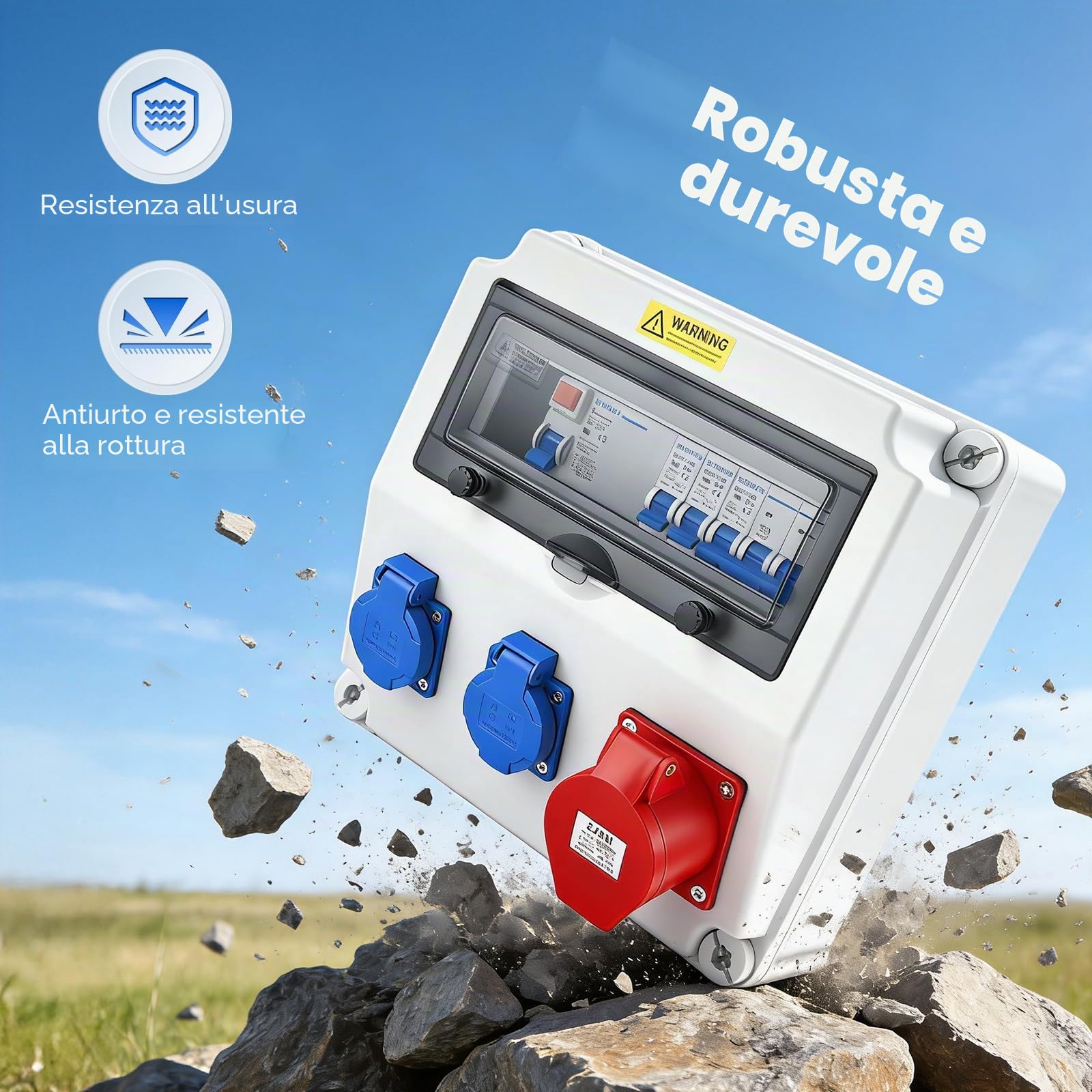 Scatola di Distribuzione a Parete con interruttore automatico e dispositivo di corrente residua, Impermeabile Quadro Elettrico da Cantiere con presa Schuko e presa CEE da 16 A