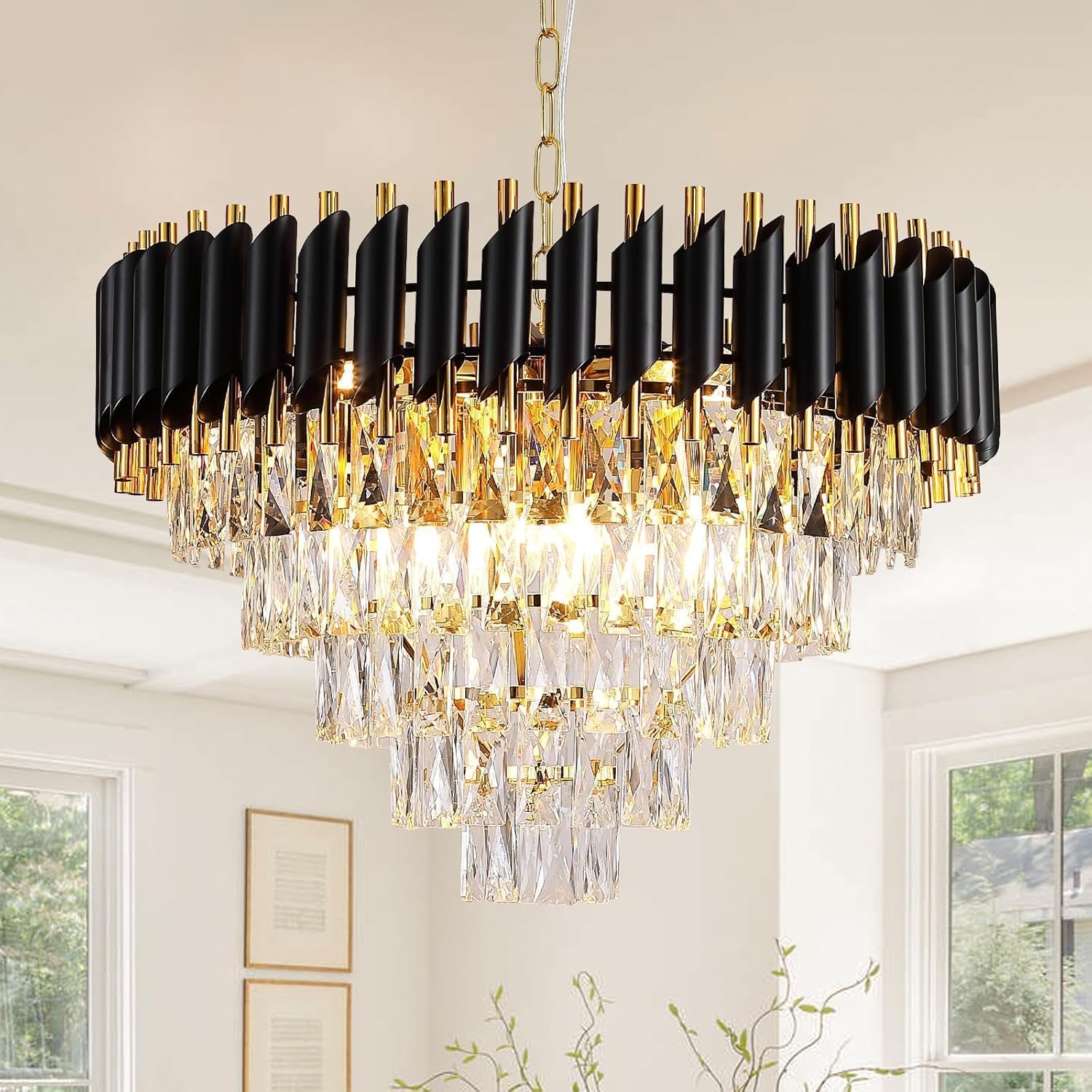 Floriya Crystal Black Gold Polish Metal 400mm Chandelier Hanging Ceiling Pendant jhoomer Chandelier Ceiling Lamp (Black, Gold)-image-8
