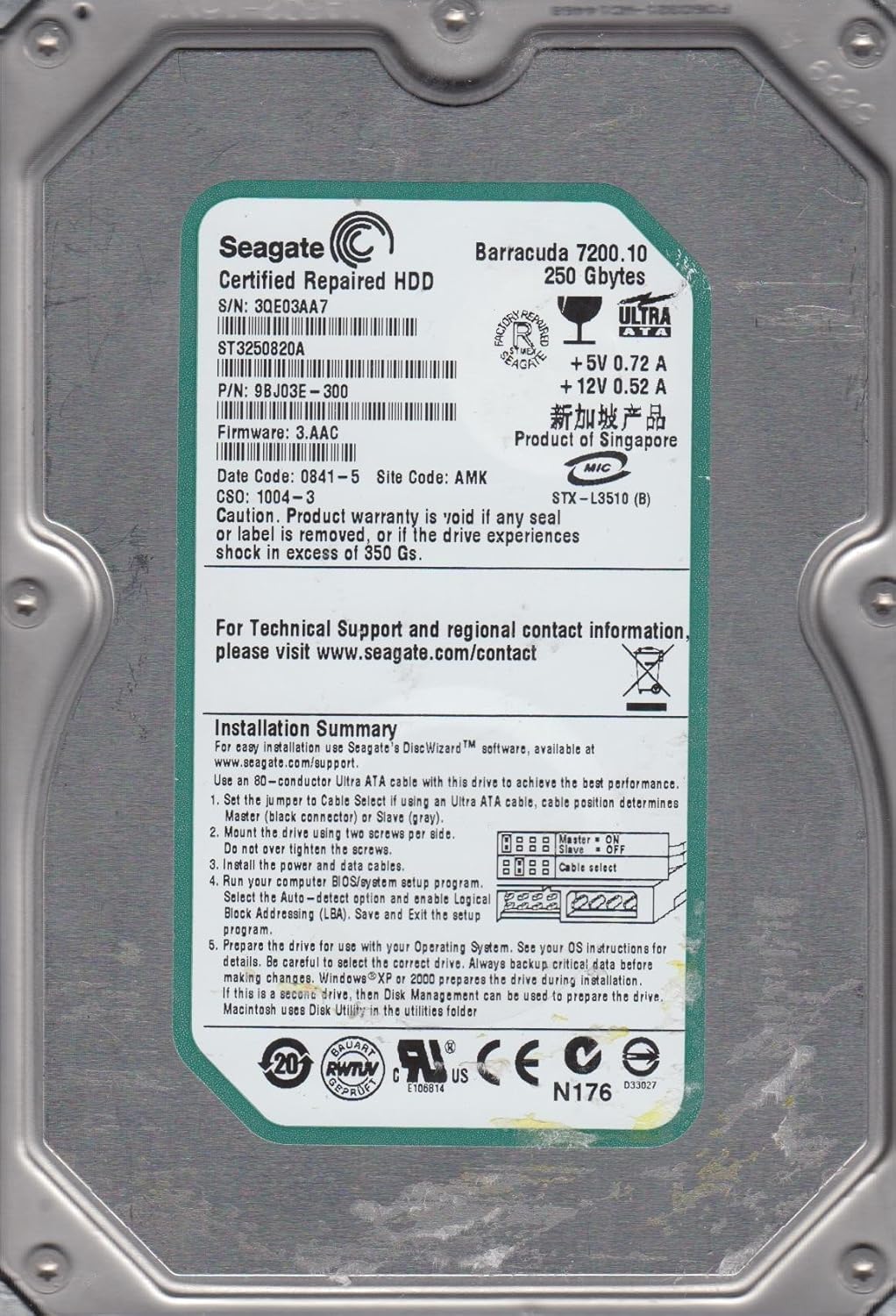 Seagate ST3250820A Barracuda 250GB 3.5" Internal Hard Drive IDE Ultra ATA-100 EIDE 7200RPM 8MB