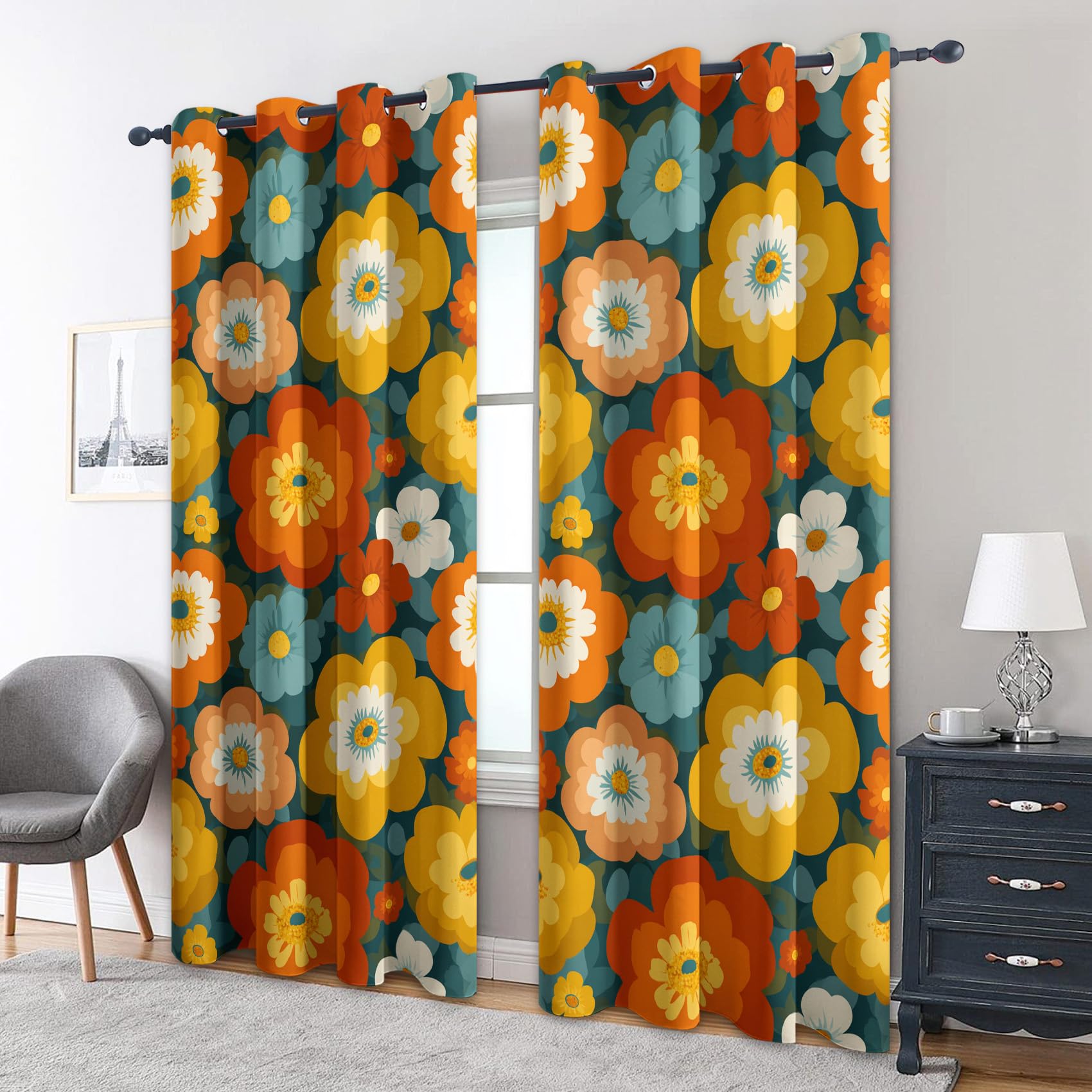 Rideaux Motif Groovy Florales - Rideau Occultant Bohème Fleurs Hippie, Lot de 2 Rideaux Imprimé, Decoration Chambre Salon Cuisine, Draperies Intérieurs à Oeillets L 140 x H 200 T&YE-2