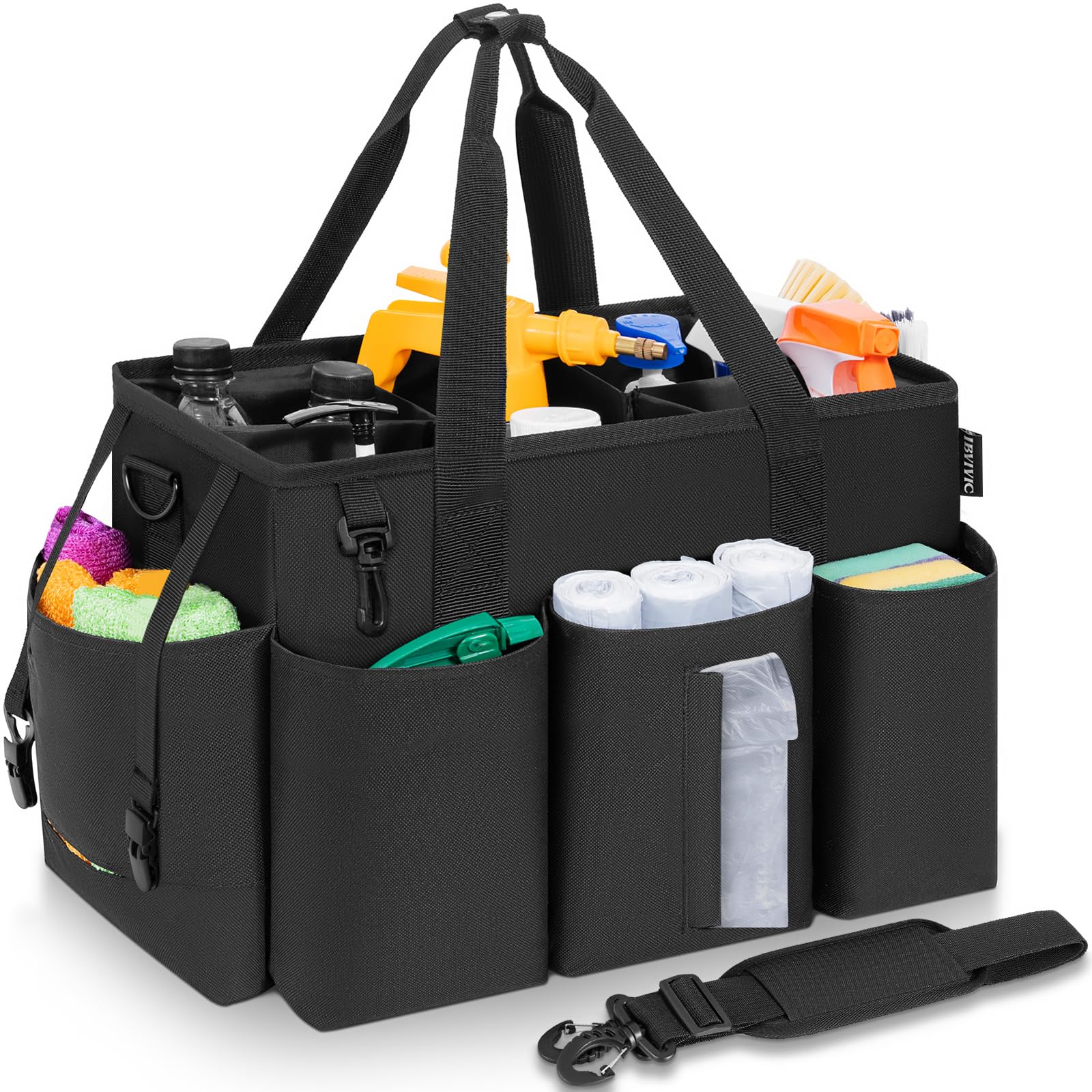 Sac de Nettoyage Portable, Sac Fourre-Tout de Nettoyage avec Poignée et Bretelle, Organiseur de Fournitures de Nettoyage avec Coussin Rigide et 4 Séparateurs pour Femme de Menage, Nettoyeur