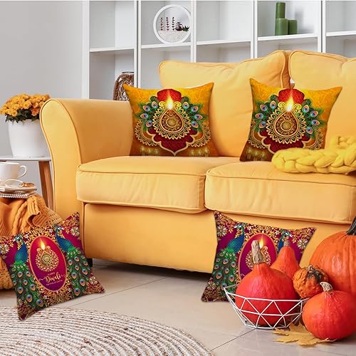 Miniatura 5 de Diwali - Juego de 4 fundas de almohada de 18 x 18 pulgadas Diwali Light Diyas Peacock Funda de almohada Diwali Decor Indian Diwali Decoraciones y