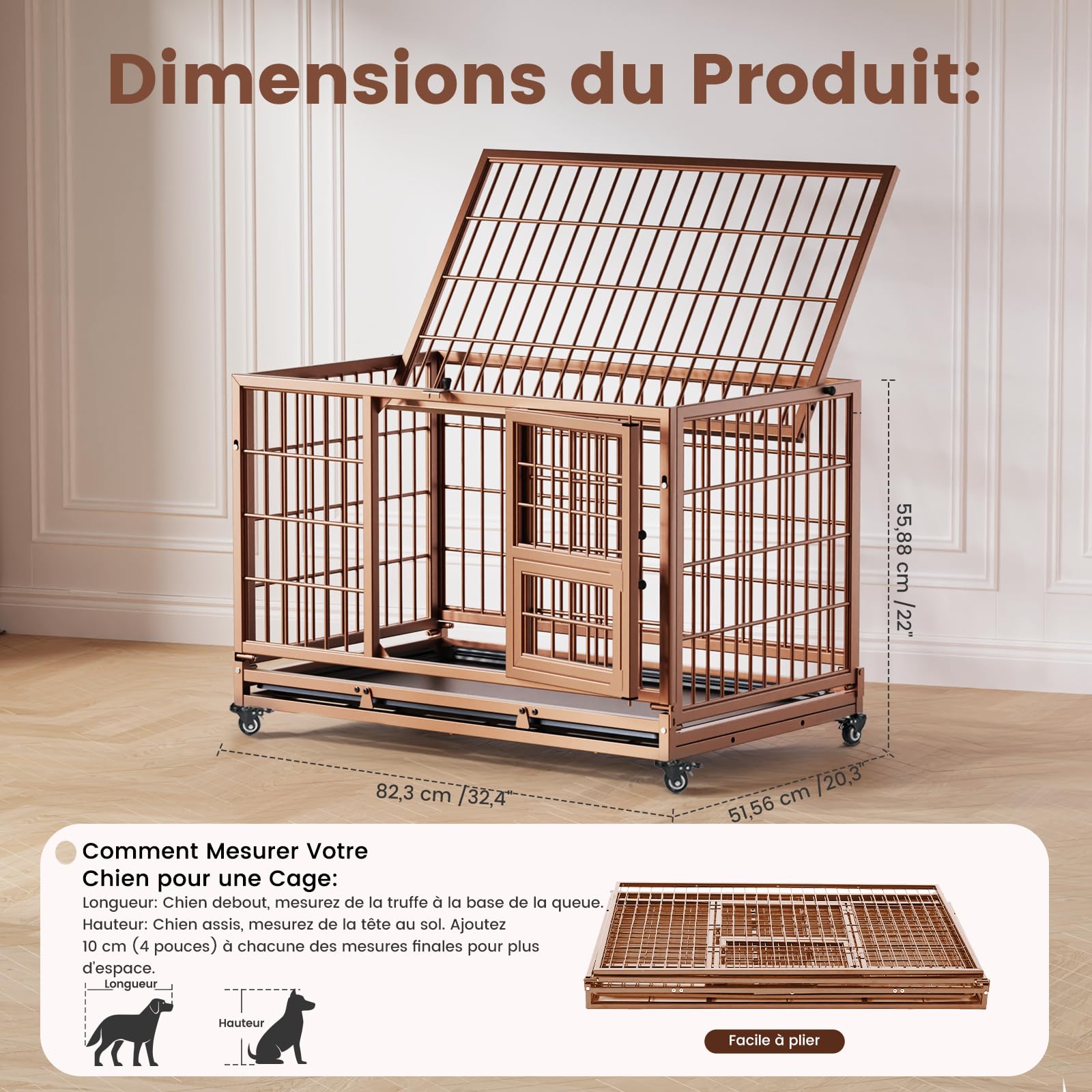 Gardner Pet Cage pour Chien Moyens Lourd Taille L 82.3x51.5x56cm Brun | Structure Renforcée Anti-Évasion avec Plateau, 3 Portes Amovibles, Roulettes Verrouillables, Niche Extensible Modulable