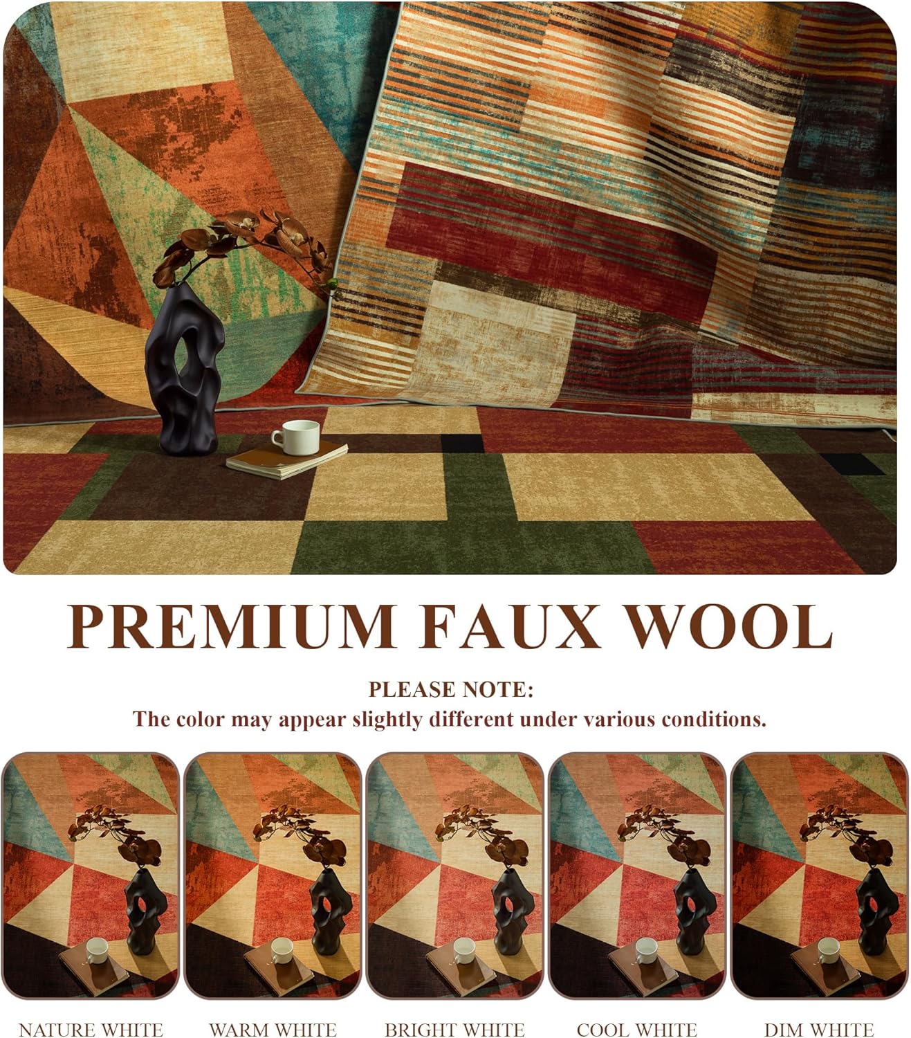 YIHOUSE Brown Area Rug 8x10,Geometric Burnt Orange Area Rug Non Slip,Farmhouse Rugs Washable,Vintage Burgundy Carpets for Bedroom, Boho Rug for Kitchen,Dining Room