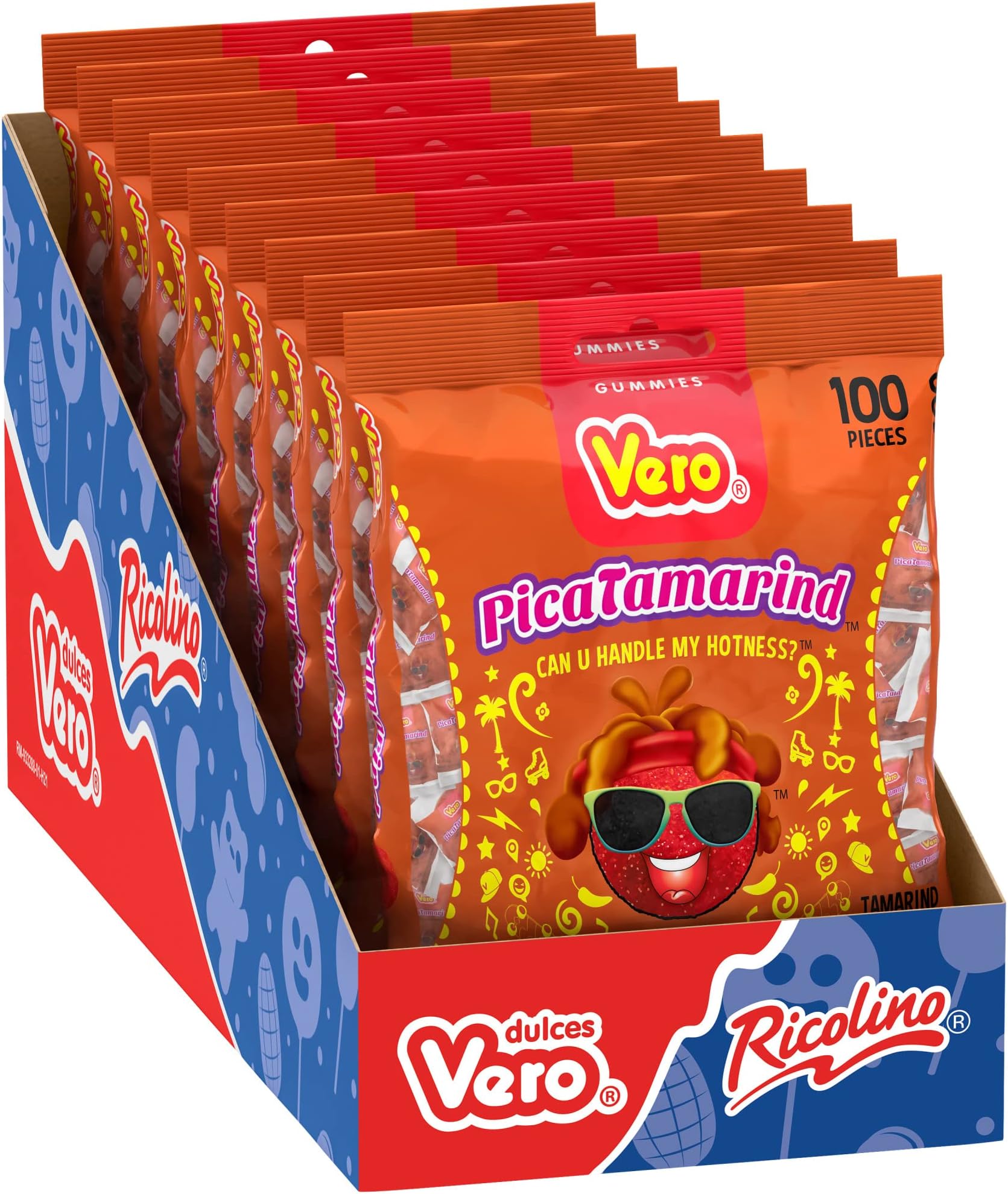 Vero PicaTamarind Tamarind Artificially Flavored Gummy Coated with Chili and Sugar, 8 Bags, 100 Count Each, Net Weight of 10 Pounds 8 Ounces