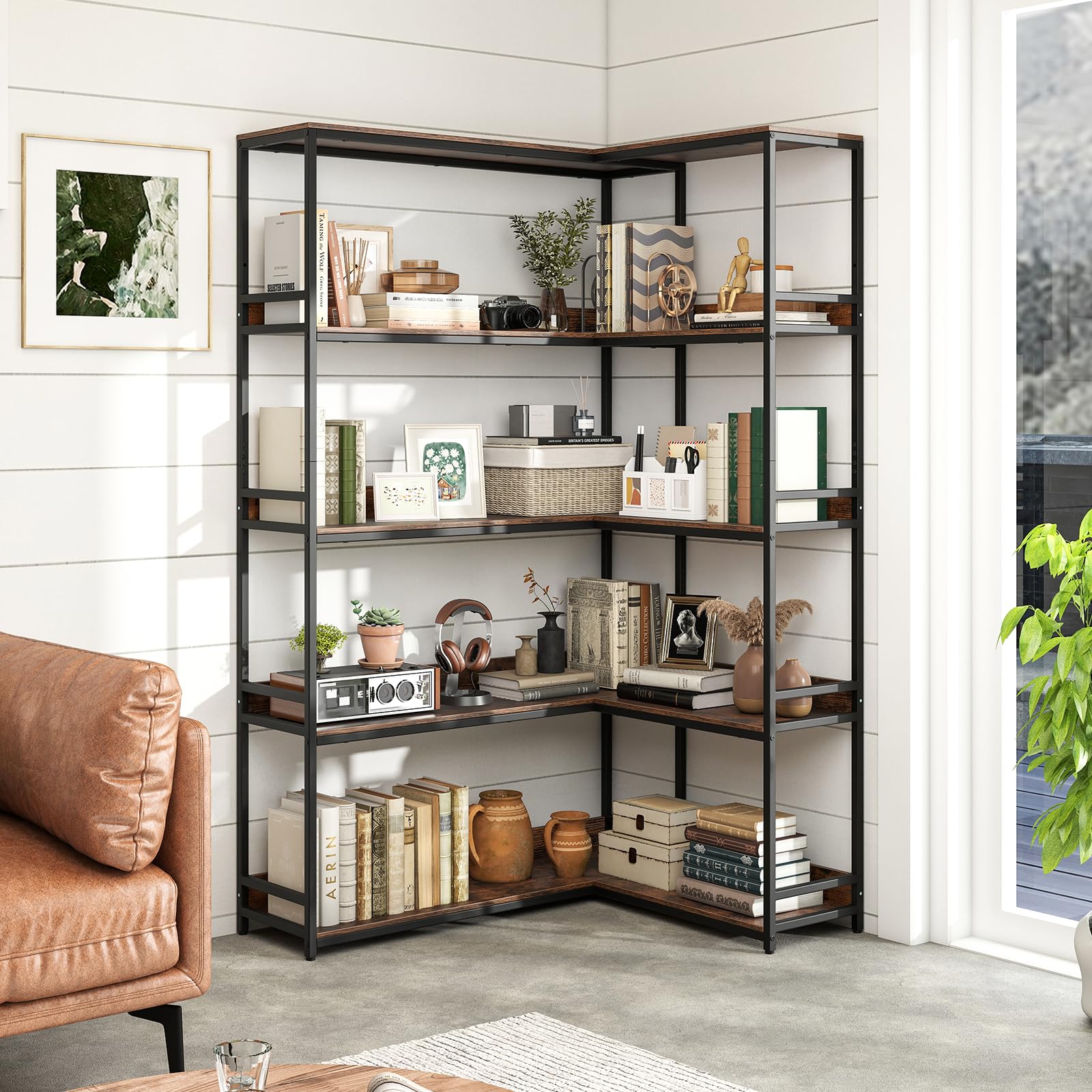 RELAX4LIFE Libreria Angolare a 5 Ripiani 180 cm, Scaffale Portaoggetti in Legno e Metallo, Stile Industriale Vintage, Organizer per Soggiorno, Cucina, Ufficio,110 x 89 x 180cm
