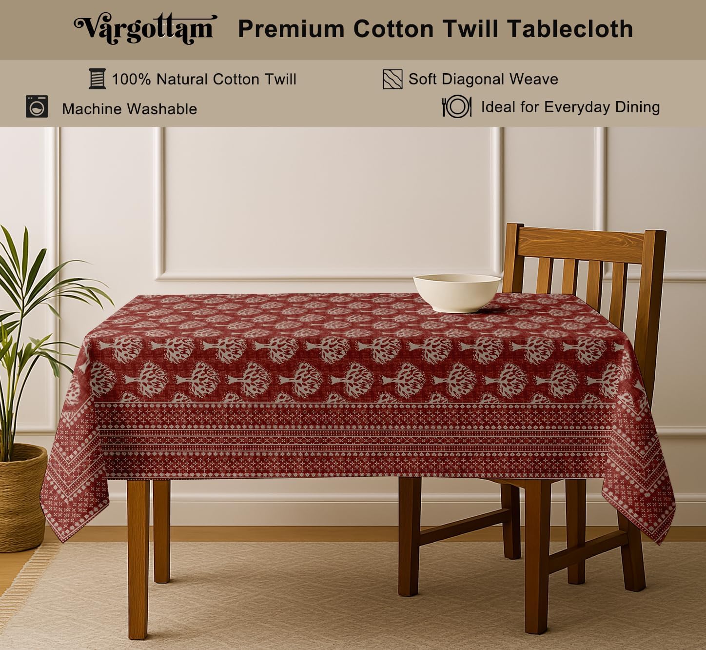 Tree Design Tablecloth - Red 60x60 Inch Cotton Twill Dining Table Cover, Perfect for 4 Seater Tables, Durable, Protective & Washable, Ideal for Everyday Use, Festive Occasions & Gatherings