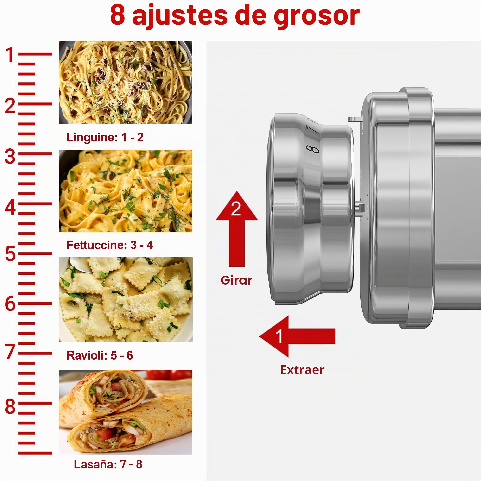 Accesorio para hacer pasta totalmente de metal para KitchenAid, accesorio para pasta 3 en 1 para batidora de pie Kitchen Aid, accesorio para hacer pasta fresca ajustable de 8 velocidades
