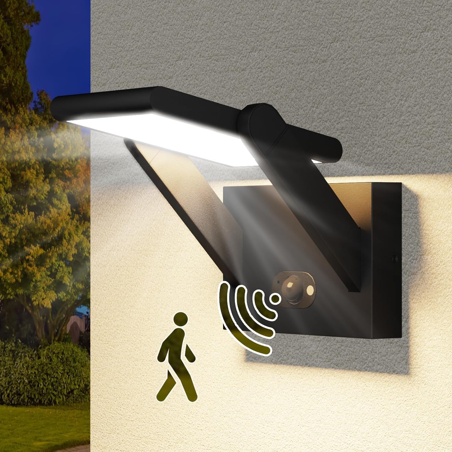 Solar Outdoor Motion Sensor Wall Light, LED Dimmable Modern Exterior Light Fixture, Rotatable with 3 Lighting Modes, Aluminum, IP65 Waterproof for Porch, Patio, Garden, Garage, Front