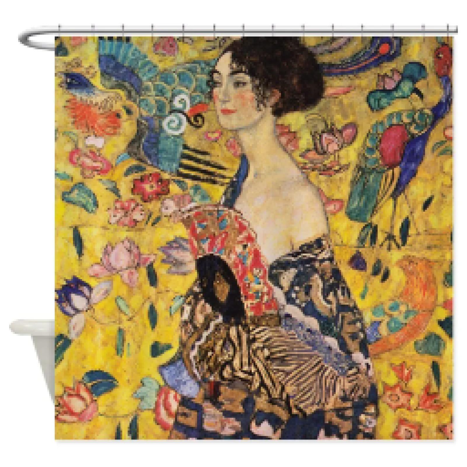 Gustav Klimt Dame mit Fächer, dekorativer Duschvorhang aus Stoff, ästhetischer Duschvorhang für Badezimmer, B x L: 240 x 200 cm, Bade-/Duschvorhang