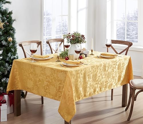 Miniatura 2 de Newbridge Mantel de damasco navideño "Christmas Carol", tejido de hoja de acebo y flor de pascua, resistente a la suciedad, sin arrugas, fácil