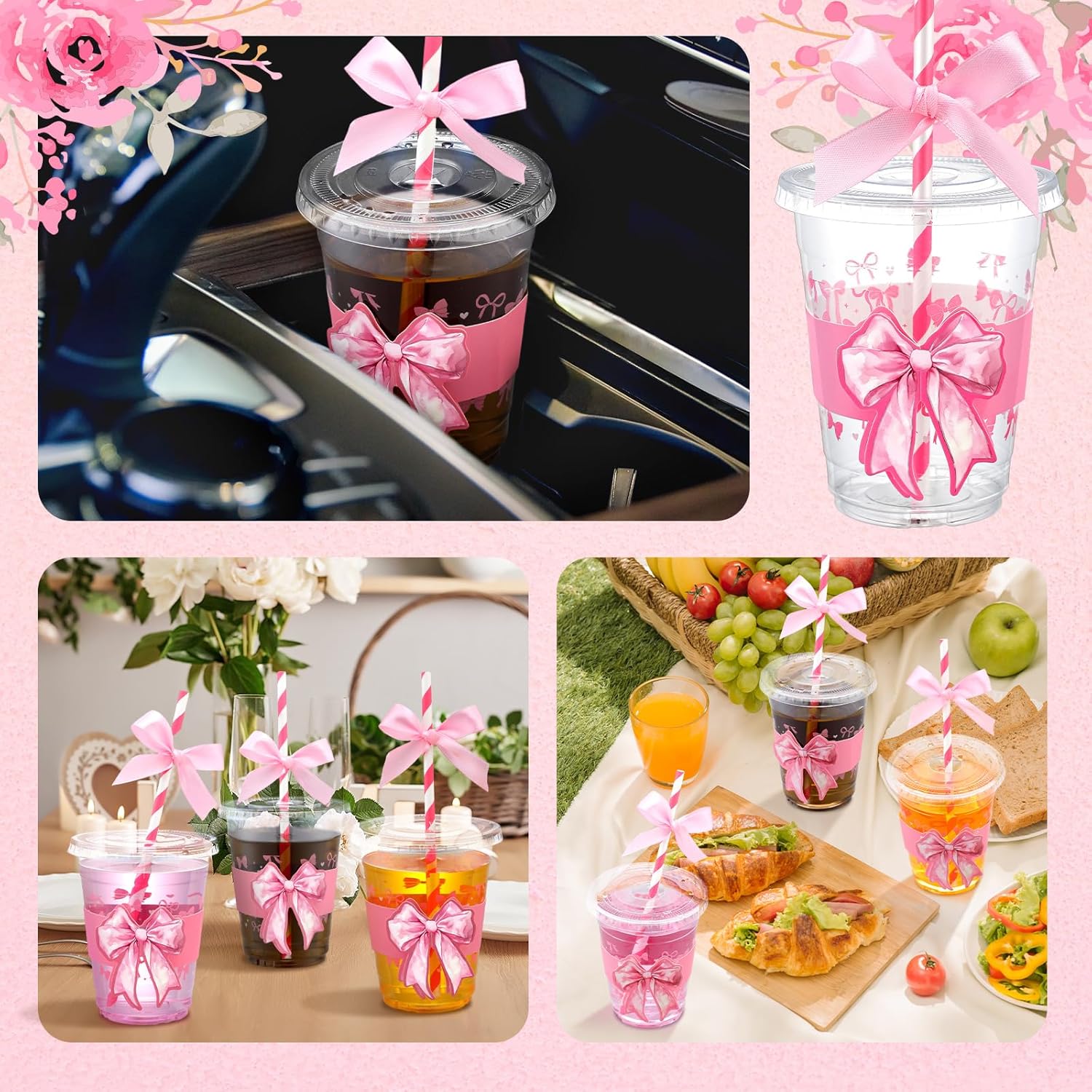 60 Sets Plastic Cups Bulk 12 oz Plastic Disposable Cups with Lids Sleeves and Straws Smoothie Clear Drink Disposable Party Favor Holiday Birthday Wedding Party Supplies (Pink Bow) - Image 7