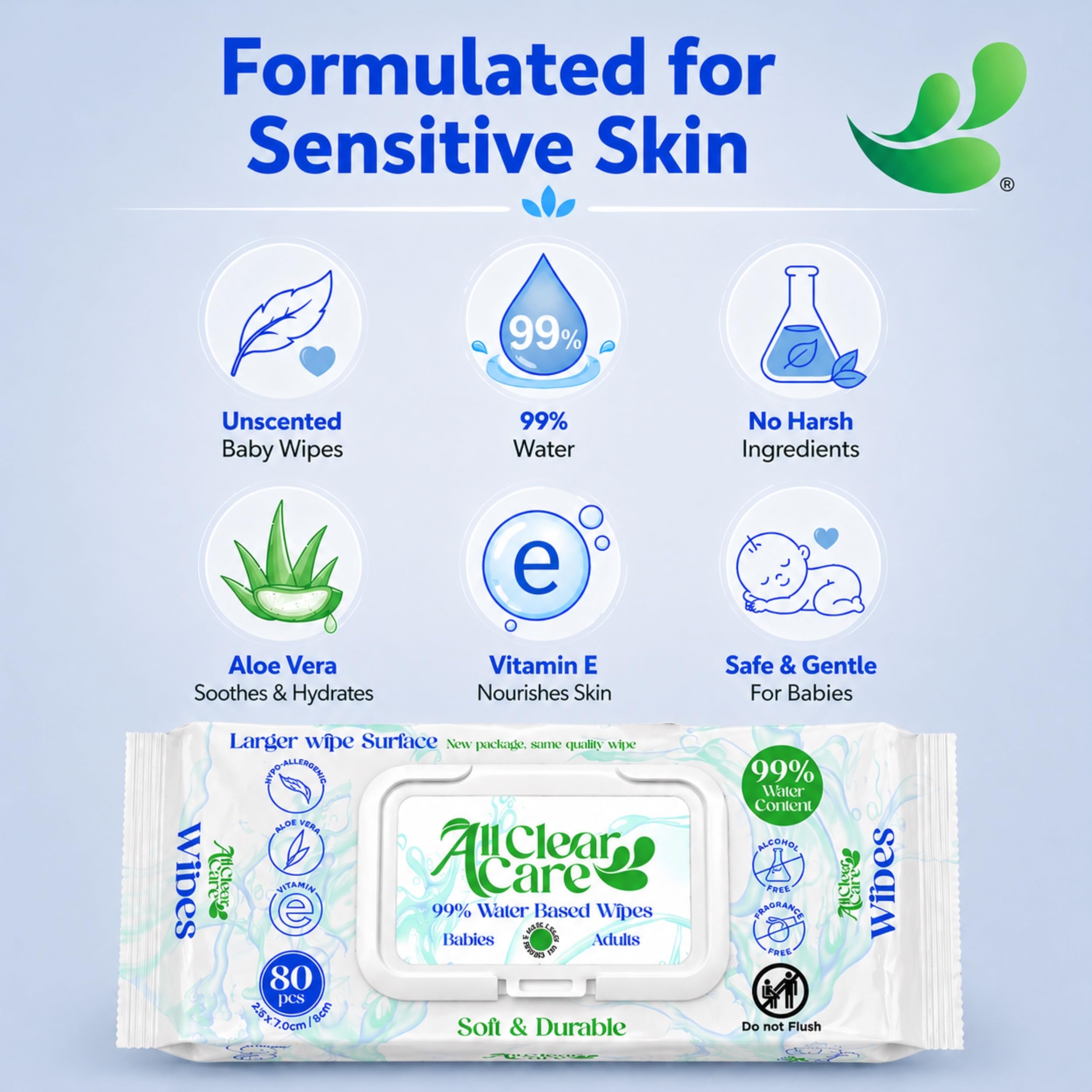 All Clear Care Toallitas húmedas para bebés a granel, sin perfume, tapa abatible (24 paquetes), 1920 unidades, piel sensible, hipoalergénicas, 99% de agua, superficie de limpieza grande, vitamina E y