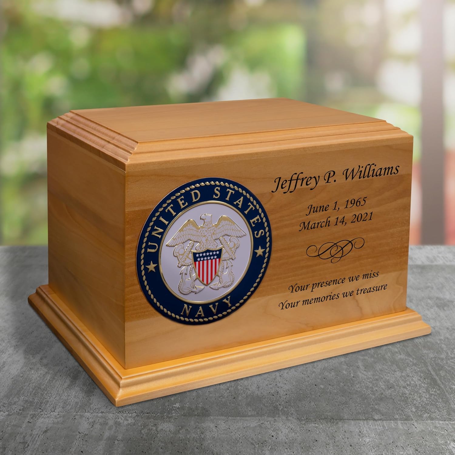 Mainely Urns Navy Emblem Diplomat Solid Hardwood Cremation Urn - Solid Wood Urn for Ashes - 210 Cubic Inch Capacity