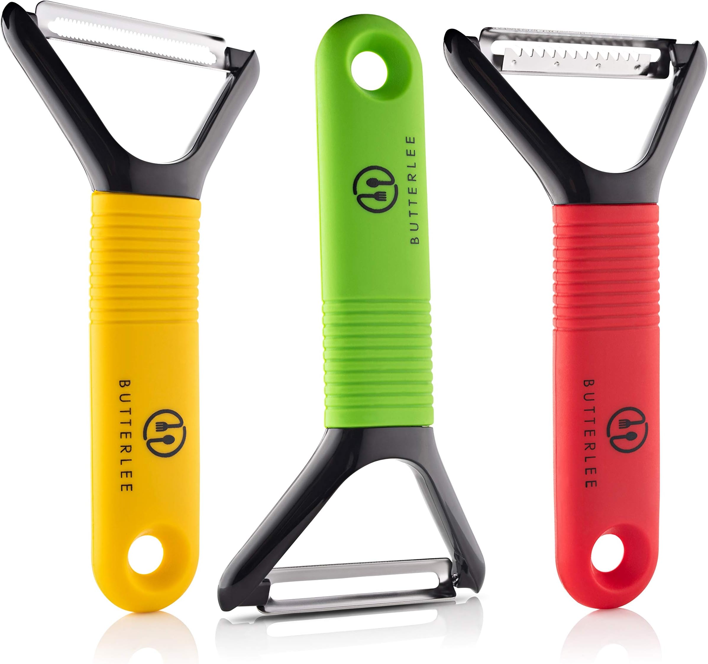 Vegetable Peeler trio set by BUTTERLEE. Potato, apple, fruit, kiwi, carrot, veggie Y-shaped stainless steel swivel, serrated, julienne, garnish peelers with non-slip comfortable grip handle, set of 3