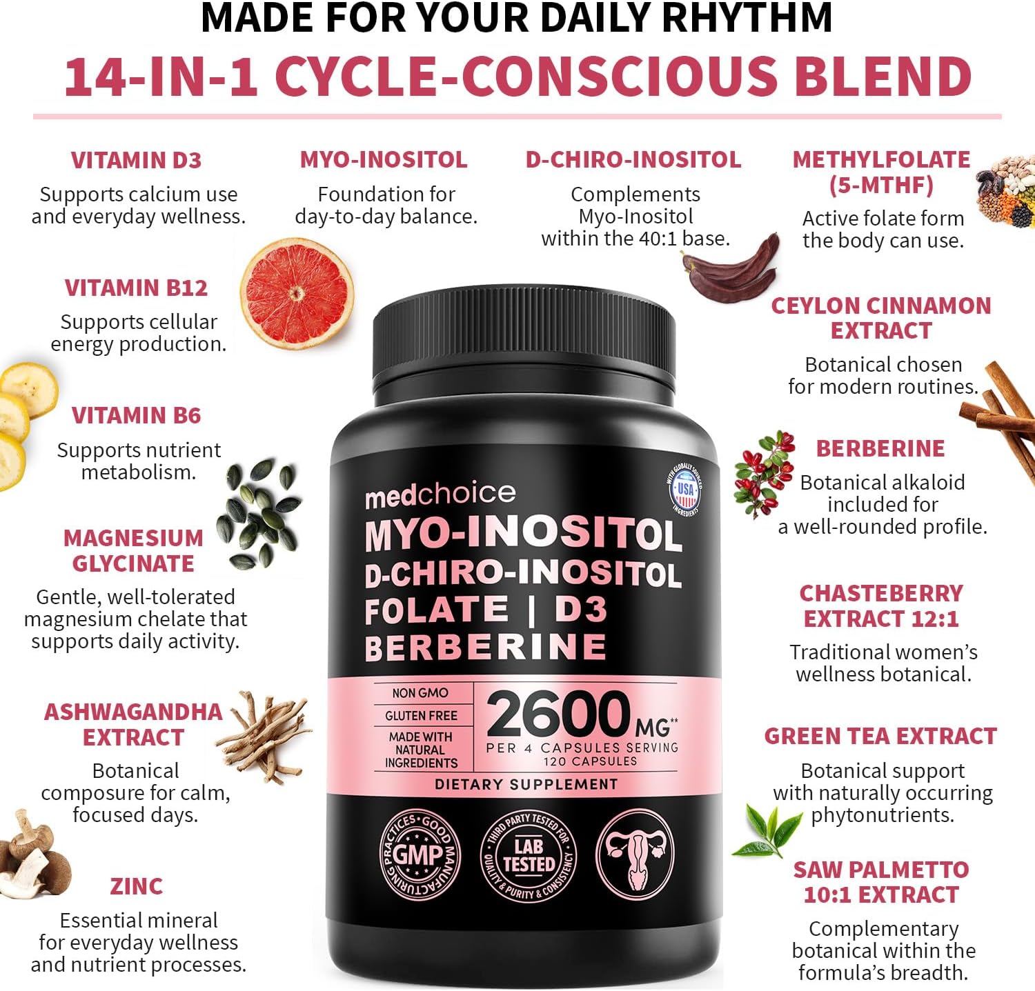 14-in-1 Women’s Inositol Complex Supplement – 40:1 Myo & D-Chiro Inositol with Folate, Vitamin D3, Zinc, Magnesium & Botanicals for Hormone & Feminine Wellness Support – (120 Capsules) (Pack of 1)
