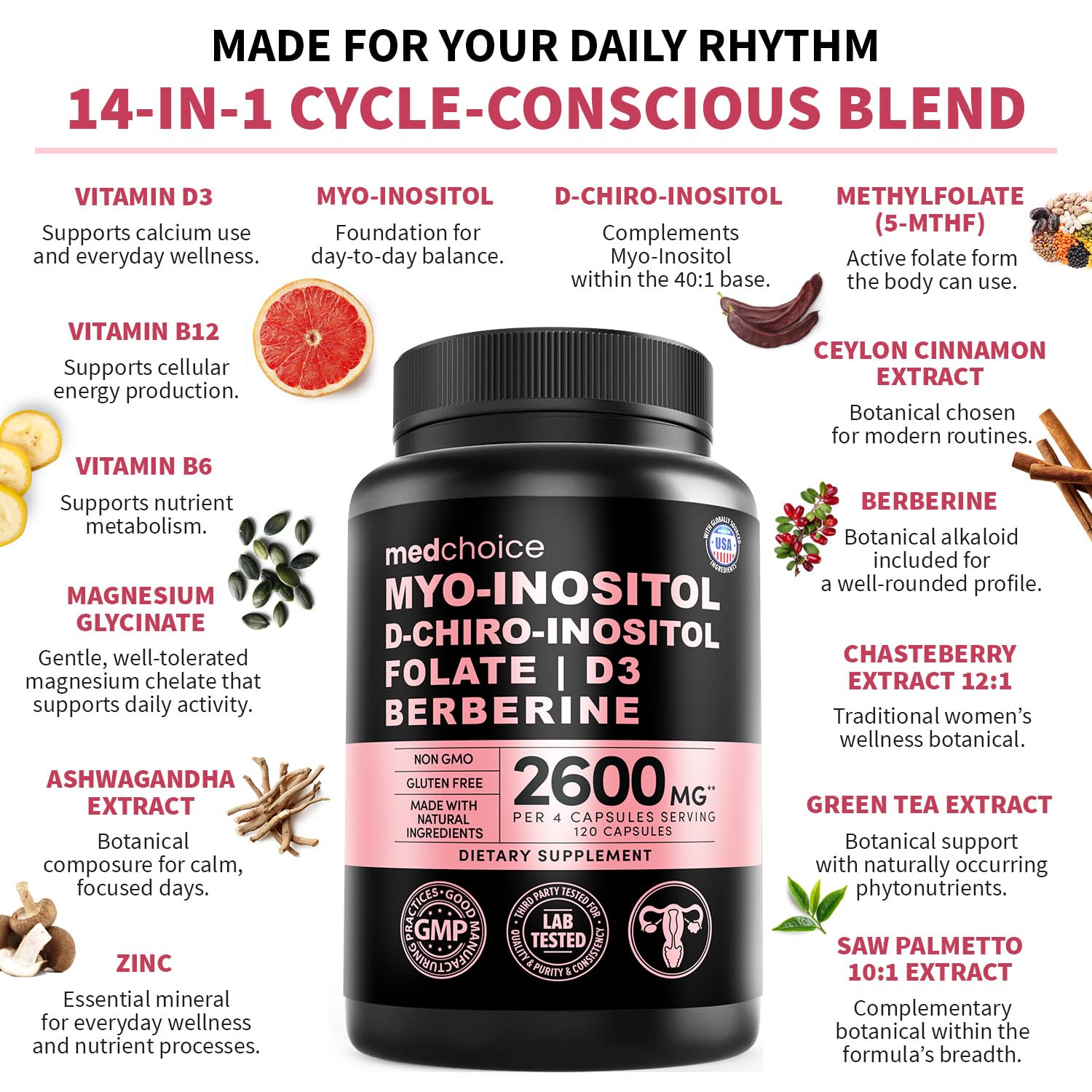 MEDCHOICE Myo-Inositol 40:1 Supplement with Folate, Vitamin D3, 120 ct — Amazon image 4