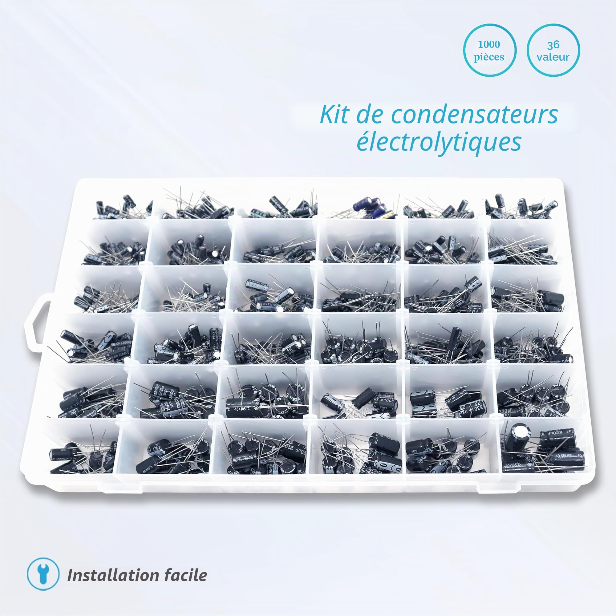 36 Worth 1000 pièces Ensemble de Condensateurs électrolytiques, Banque de Condensateurs en Aluminium, y Compris le Numéro de Modèle 0,1 uF - 1000 uF, 10 V, 16 V, 25 V, 35 V, 50 V