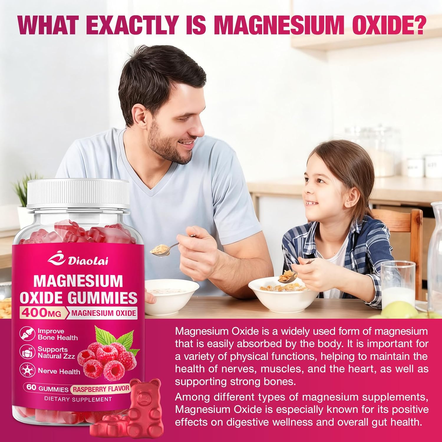 Magnesium Oxide Gummies 400mg for Nerve & Muscle Support - Chewable Supplement for Adults & Kids, Sugar-Free, Non-GMO, Raspberry Flavor, 120 Count