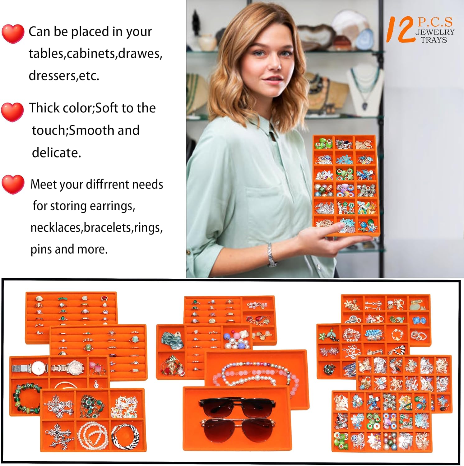 Jewelry Trays Organizer Stackable Velvet Earring Organizer Jewelry Tray for Drawers Ring Necklace Bracelet Storage Display Case, Set of 12