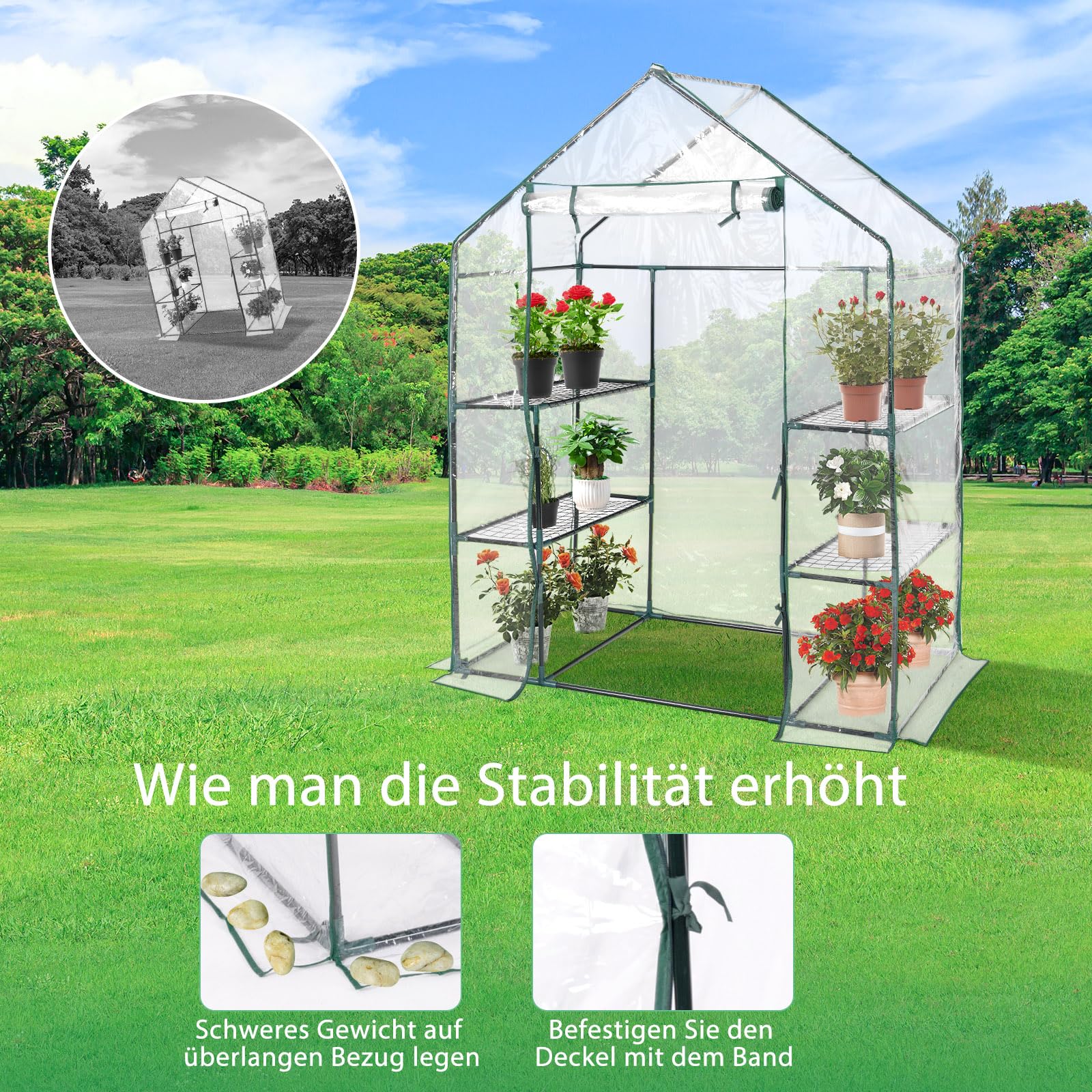COSTWAY Gewächshaus Foliengewächshaus, Treibhaus mit 2 Pflanzenständern & aufrollbaren Tür, Tomatenhaus Tomaten, Pflanzenhaus mit PE Gitterfolie, 143x73x195cm, Weiß und transparent