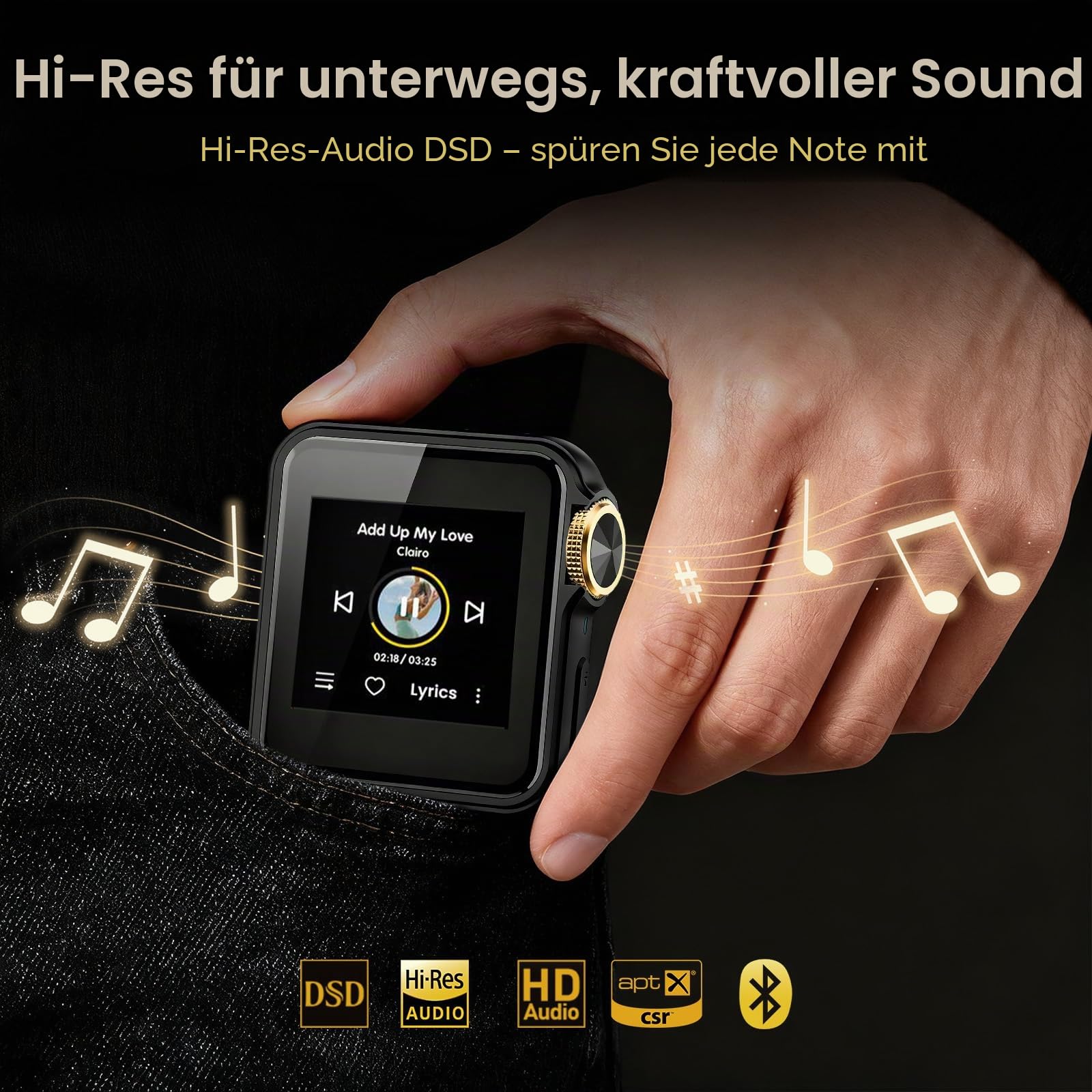 HIFI WALKER H2 Mini MP3 Player Bluetooth mit Hi-Res Audio, ESS9218 DAC, aptX/LDAC/UAT, Tragbarer Musikplayer mit Clip, Touchscreen, 64GB Speicher, Unterstützt bis zu 512GB,Schwarz