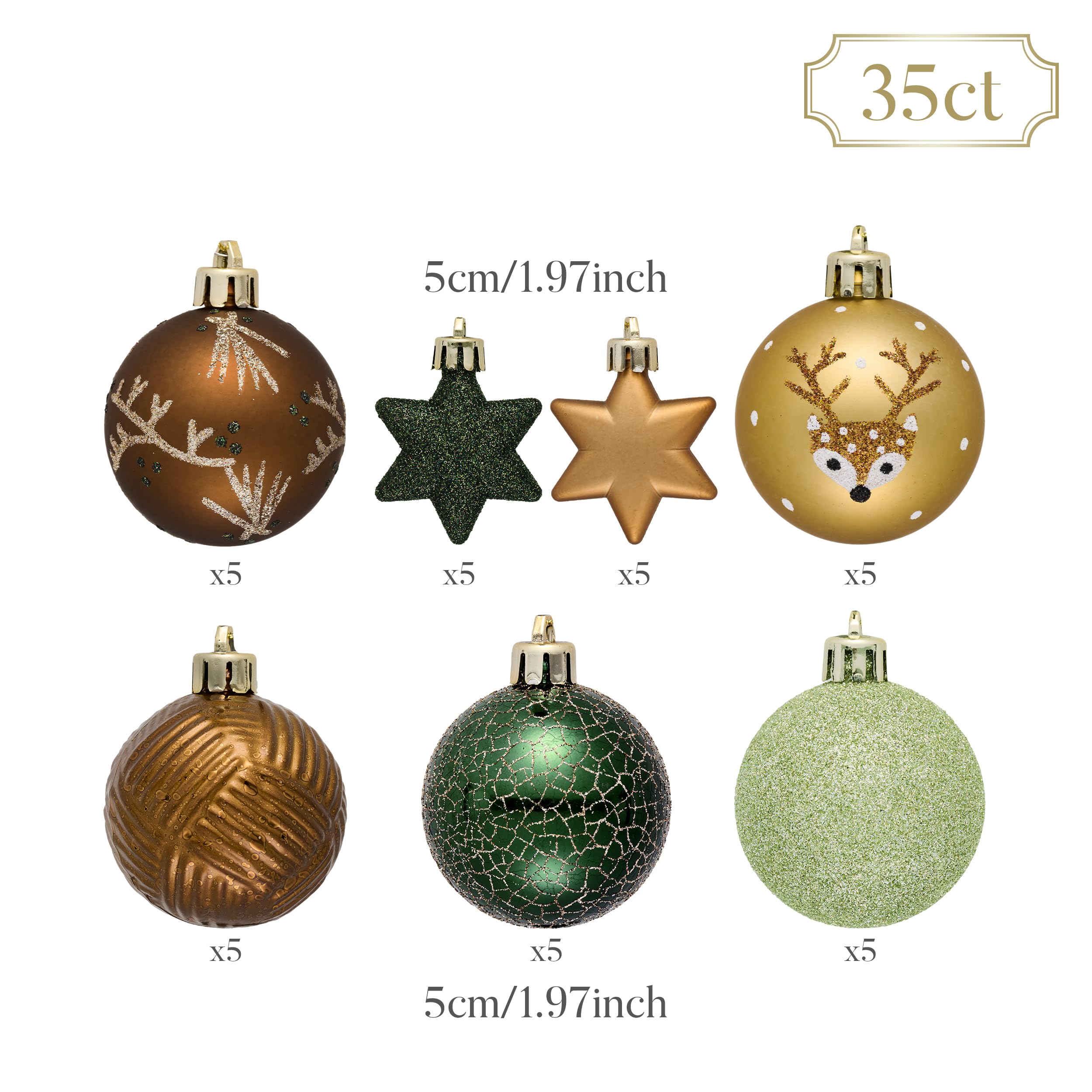 Valery Madelyn Weihnachtskugeln 35 Stücke 5cm Kunststoff Christbaumkugeln mit Aufhänger Weihnachtsbaumschmuck für Weihnachtsdeko Wald Thema Kupfergold（Bronze Grün）
