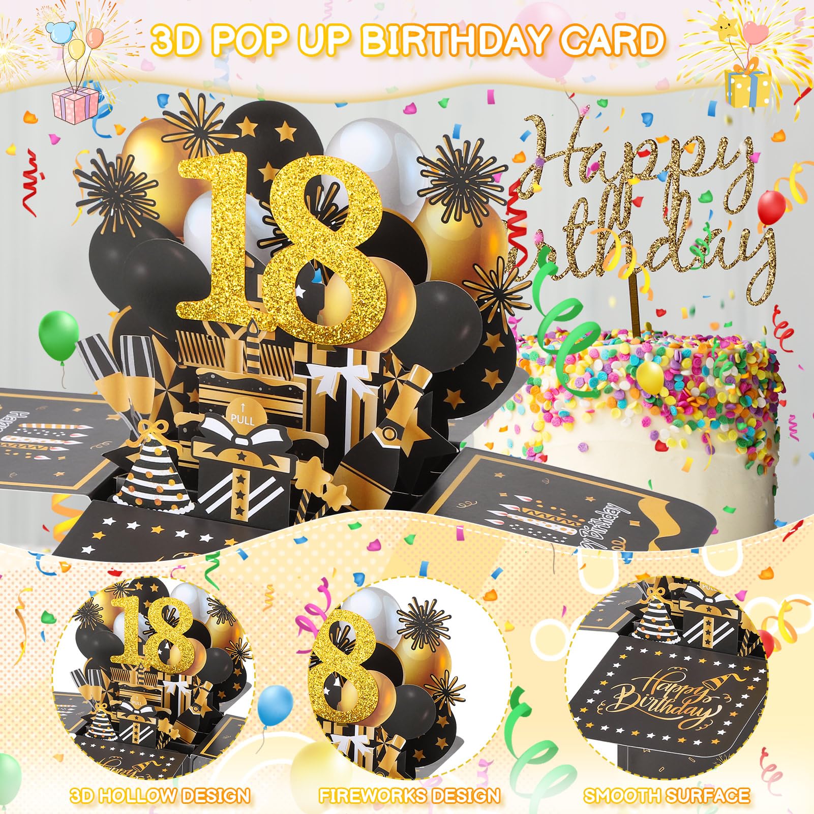Biglietto Auguri Compleanno 18 Anni,3D Pop Up Biglietti d'auguri Compleanno,biglietti di auguri di compleanno, con busta,biglietto di compleanno per genitori,amici e innamorati con busta