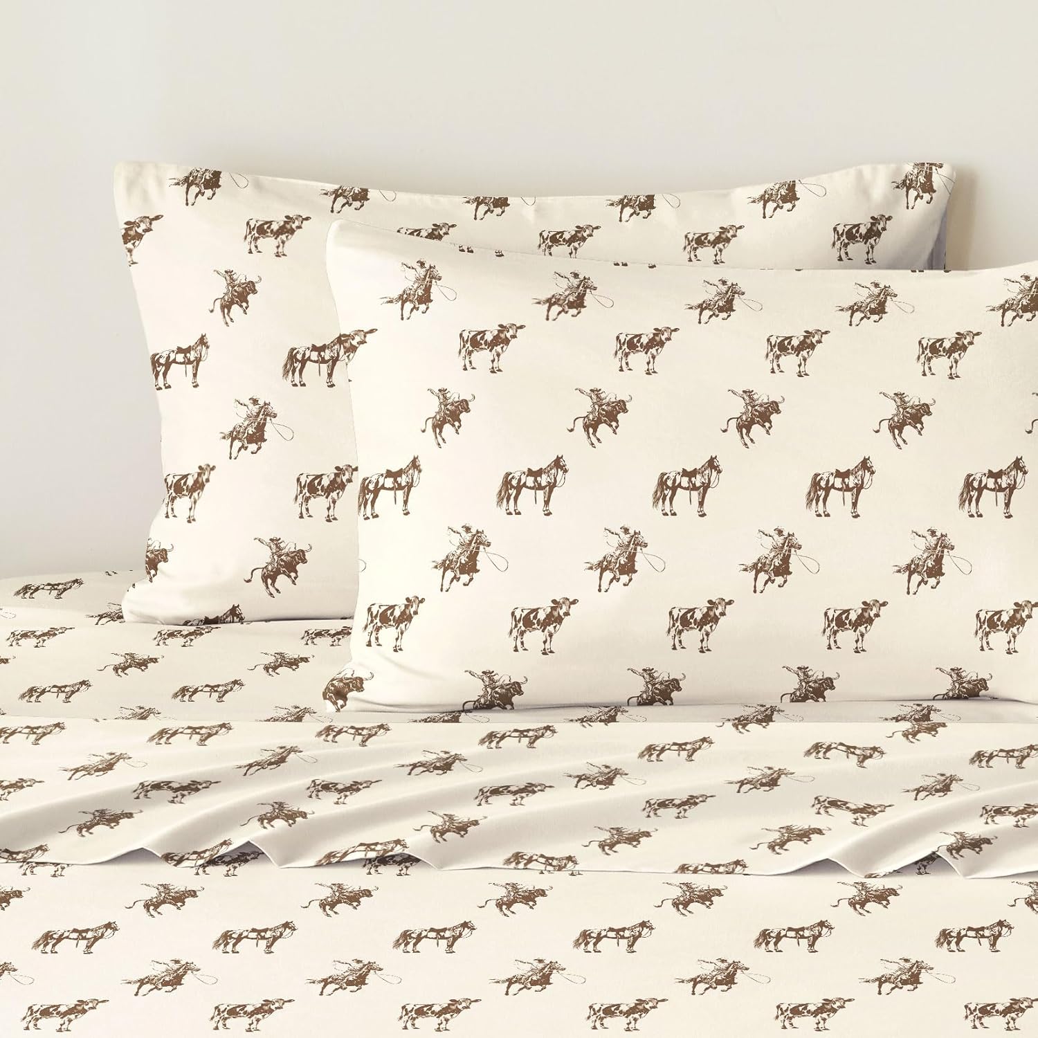 Wake In Cloud - Western Bed Sheets, 4-Piece Sheet Set, Rustic Ranch Cowboy Horse Southwestern Country Vintage Pattern Printed Bedding, Deep Pocket, Beige Brown, Queen Size