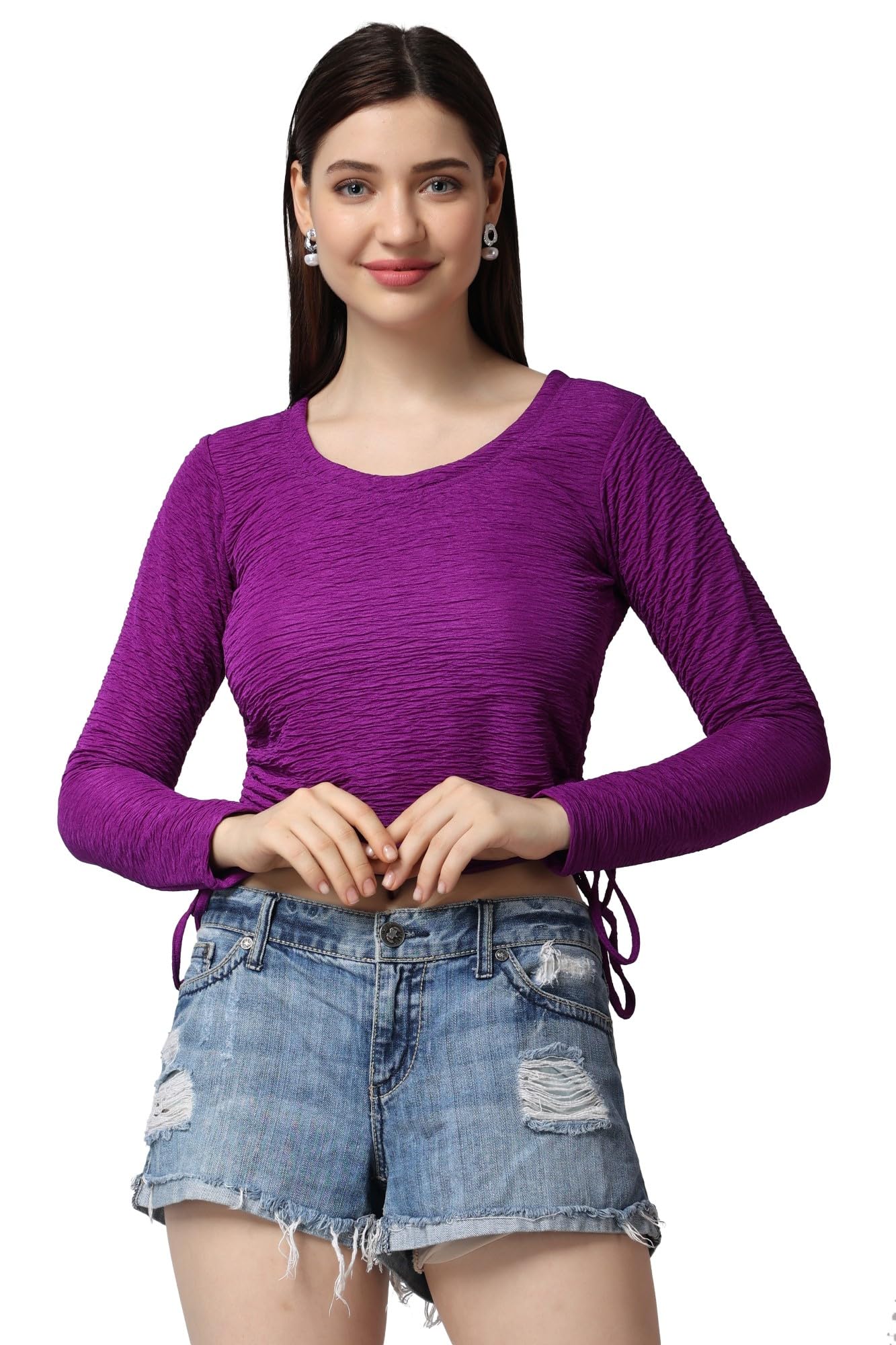 POPWINGSCasual Self Design Regular Fit Polyester Full Sleeves Crop Tops for Women with Crush String