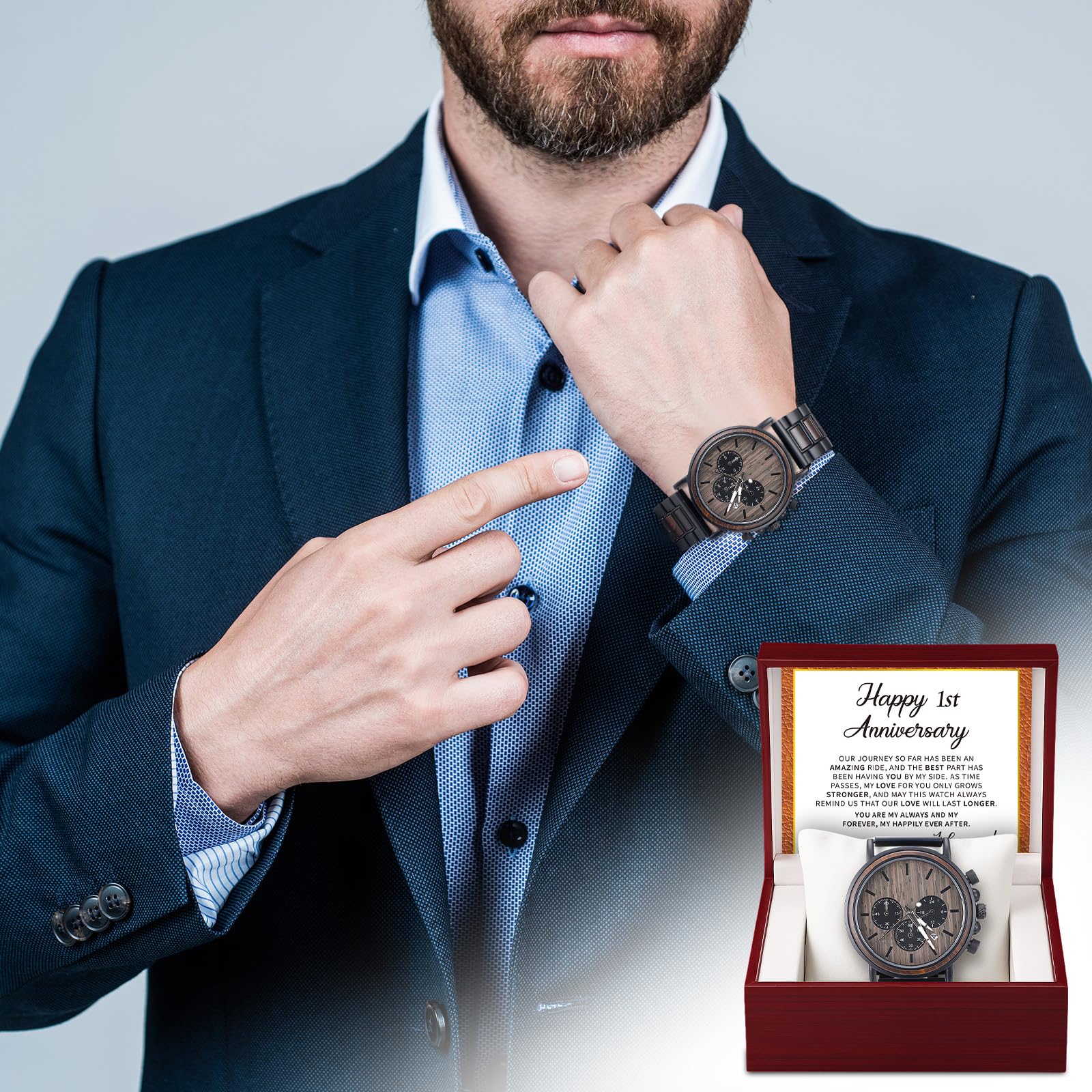 Threehoney Orologio da uomo in legno inciso, regalo per anniversario di matrimonio, ricordo per marito, per fidanzato