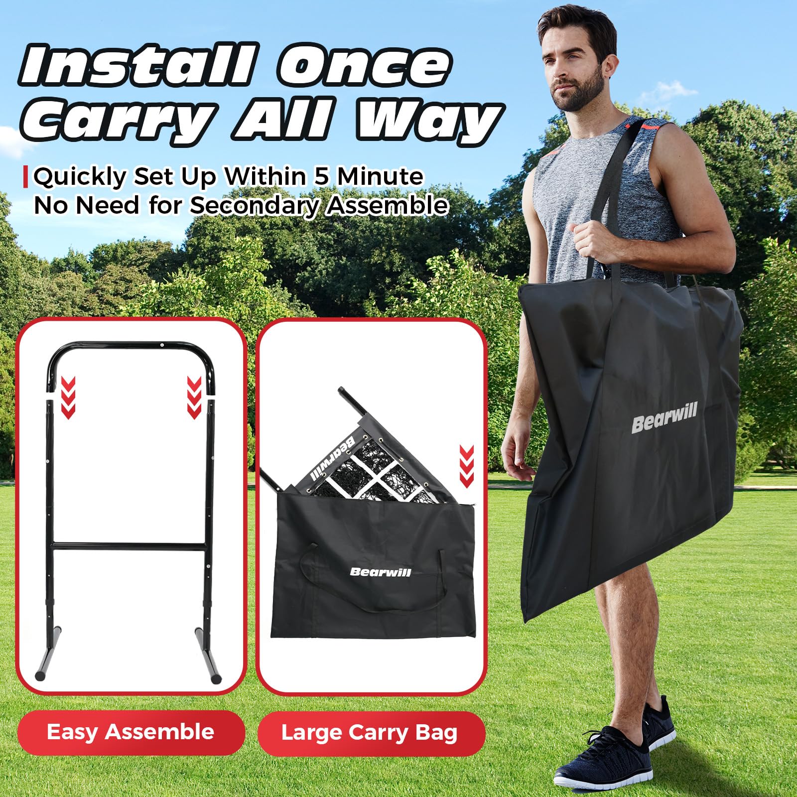 Bearwill Red de béisbol de 9 agujeros con bolsillos para objetivo de lanzamiento, red de lanzamiento ajustable portátil con zona de golpeo, equipo de ayuda de entrenamiento de béisbol y sóftbol