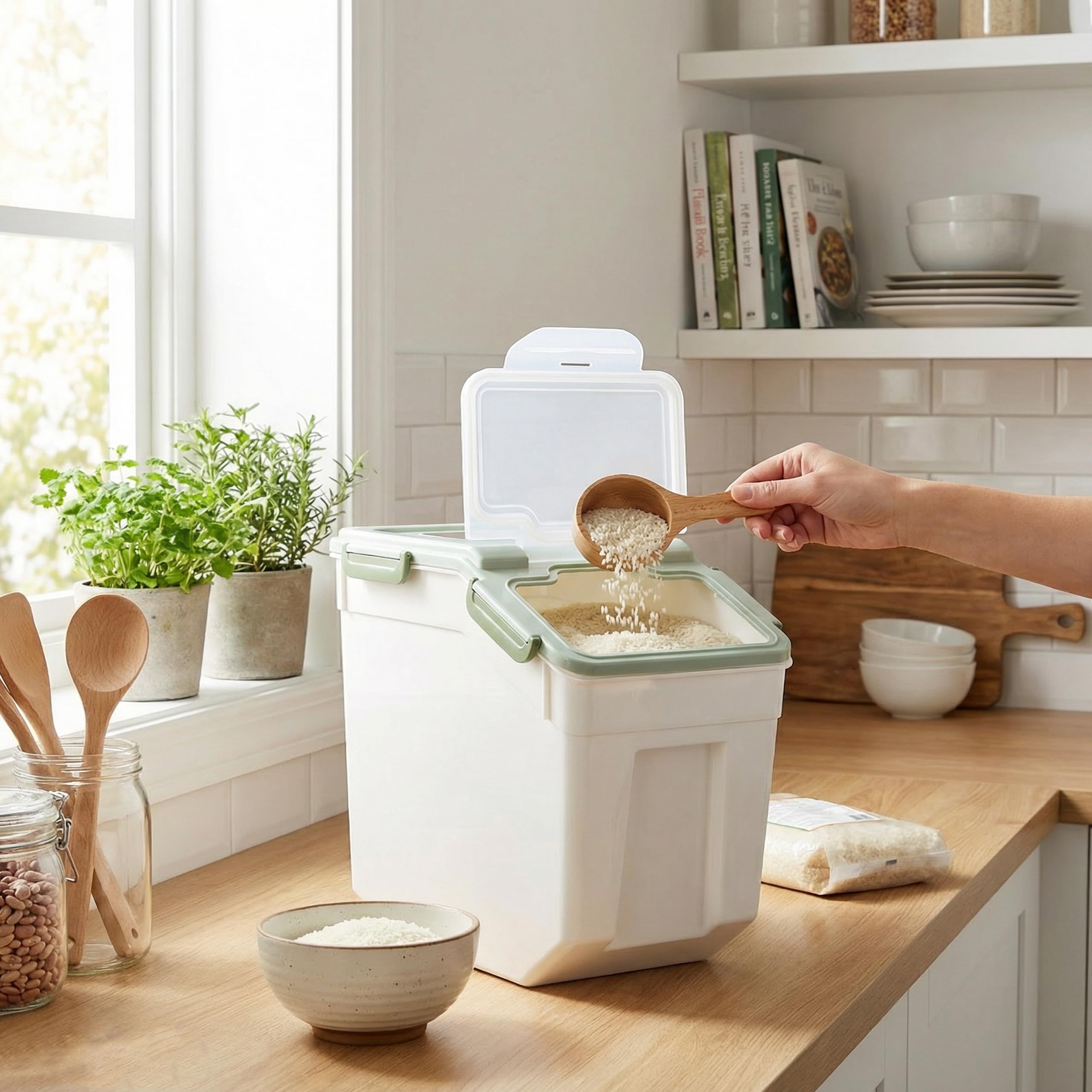 RUIAN Contenedor de almacenamiento hermético grande, contenedor de almacenamiento de arroz de 25 libras con tapa de bloqueo de sellado de ruedas, con taza medidora y cuchara para harina, arroz, grano