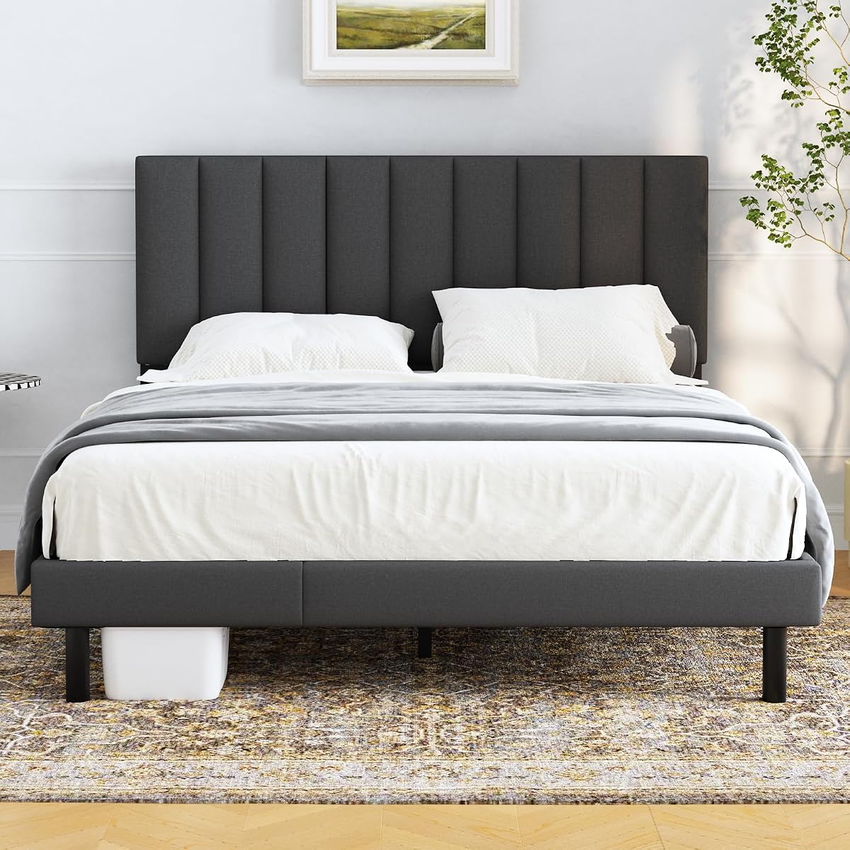 Bed Frames, Lukace Queen Bed Frames with Upholstered Headboard, Without Box Spring Needed, Easily Assembly with Sturdily Wood, Withoutn-Slip Without Noise(Queen，Gray)