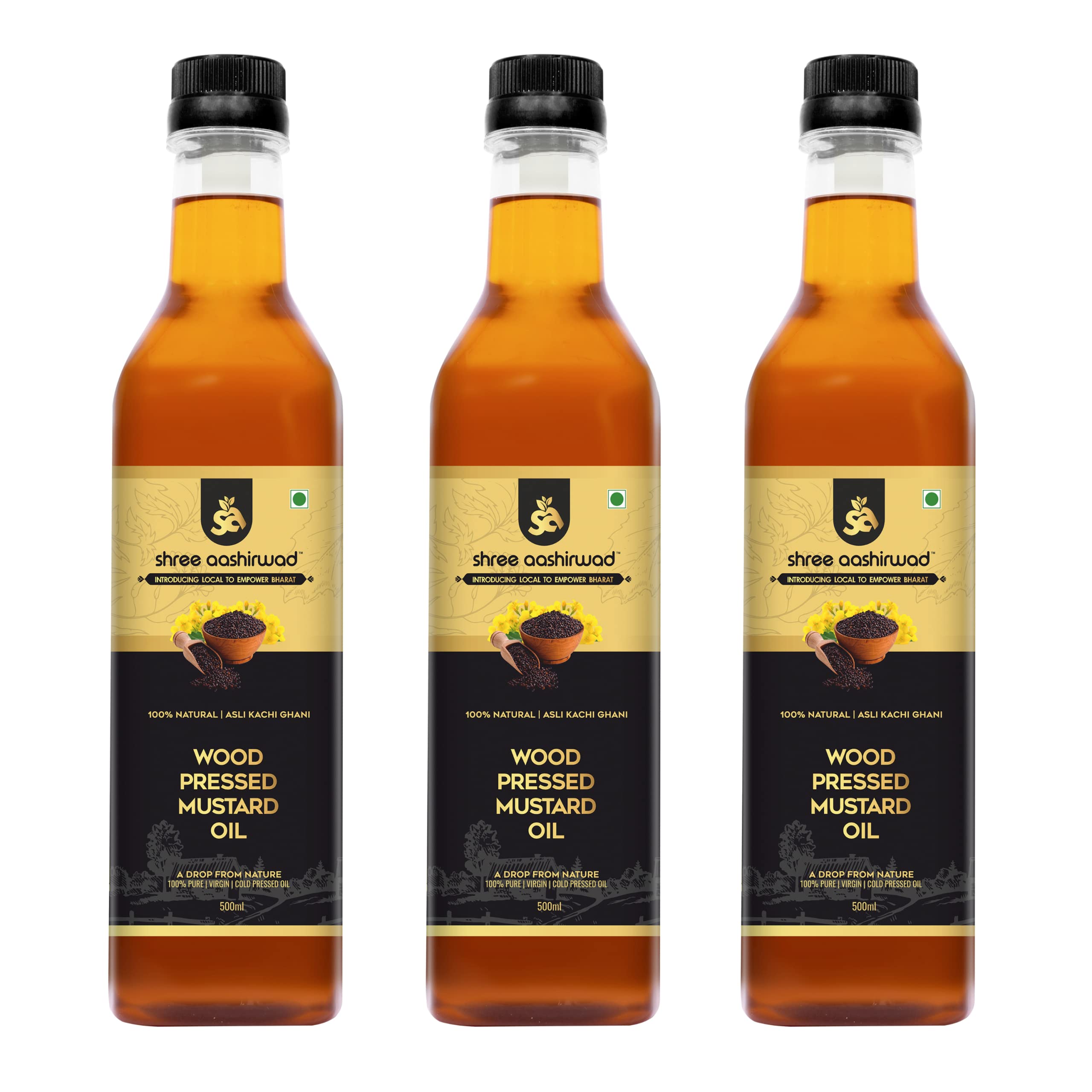 Shree Aanantam Wood Pressed Black Mustard Oil - 3x500ml | Pet Bottle | Kolhu/Kacchi Ghani/Chekku | Natural | Chemical-Free | Cold Pressed Mustard Oil for Cooking | Sarson Oil